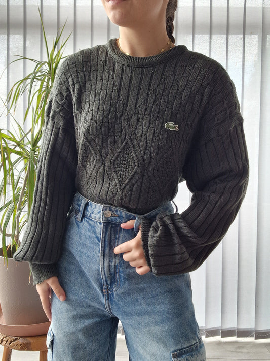 Pull en maille travaillée vert foncé des années 80' - L/XL