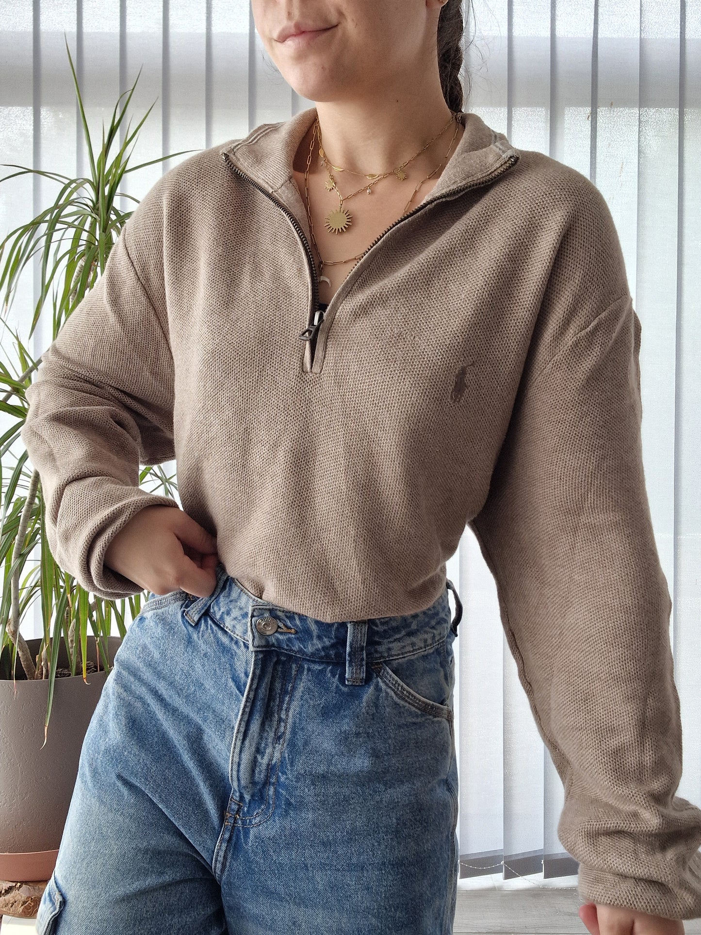 Pull camionneur marron clair en maille piquée Ralph Lauren oversize - L/40