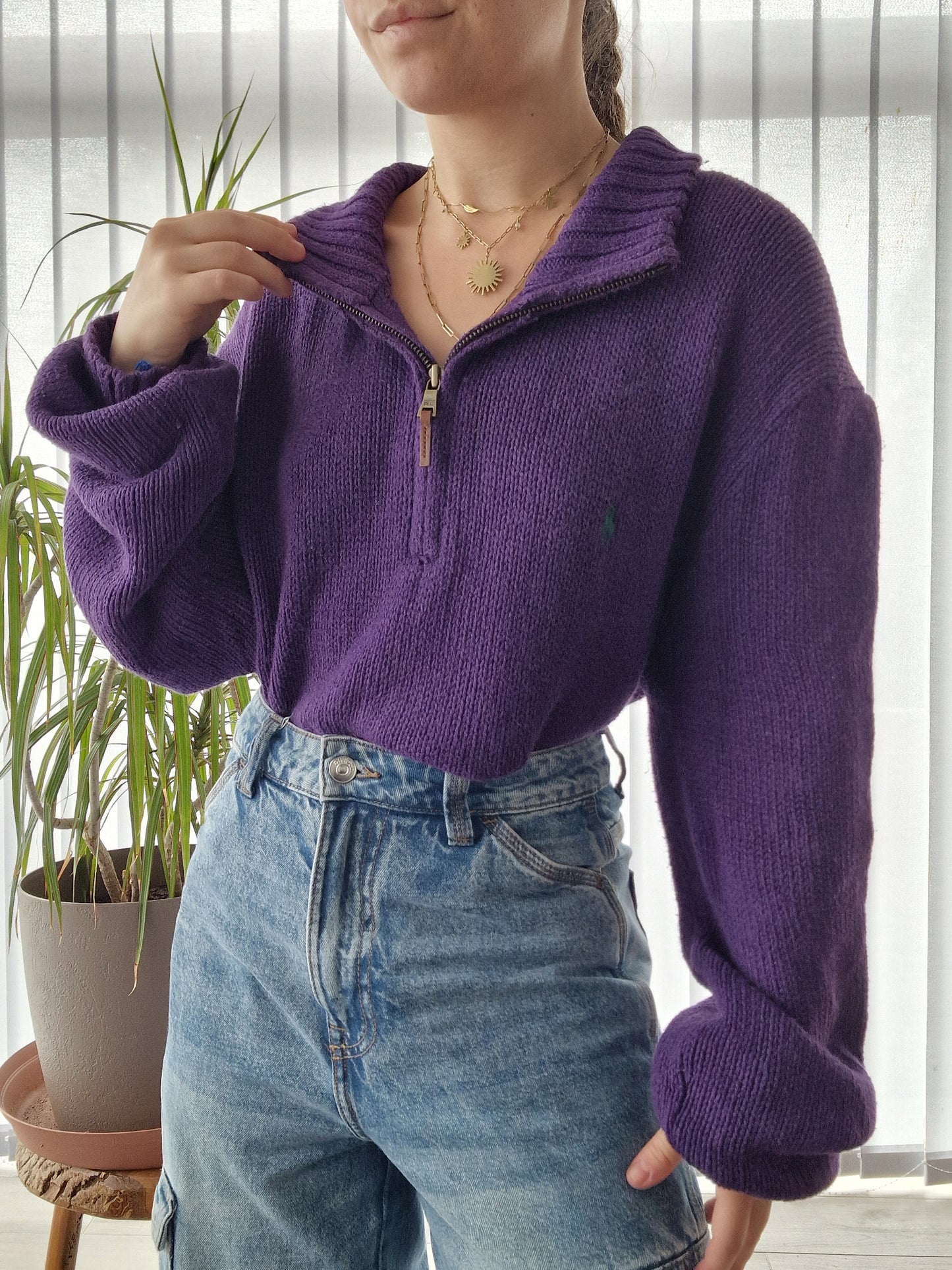 Pull camionneur en maille épaisse violette - XL/42