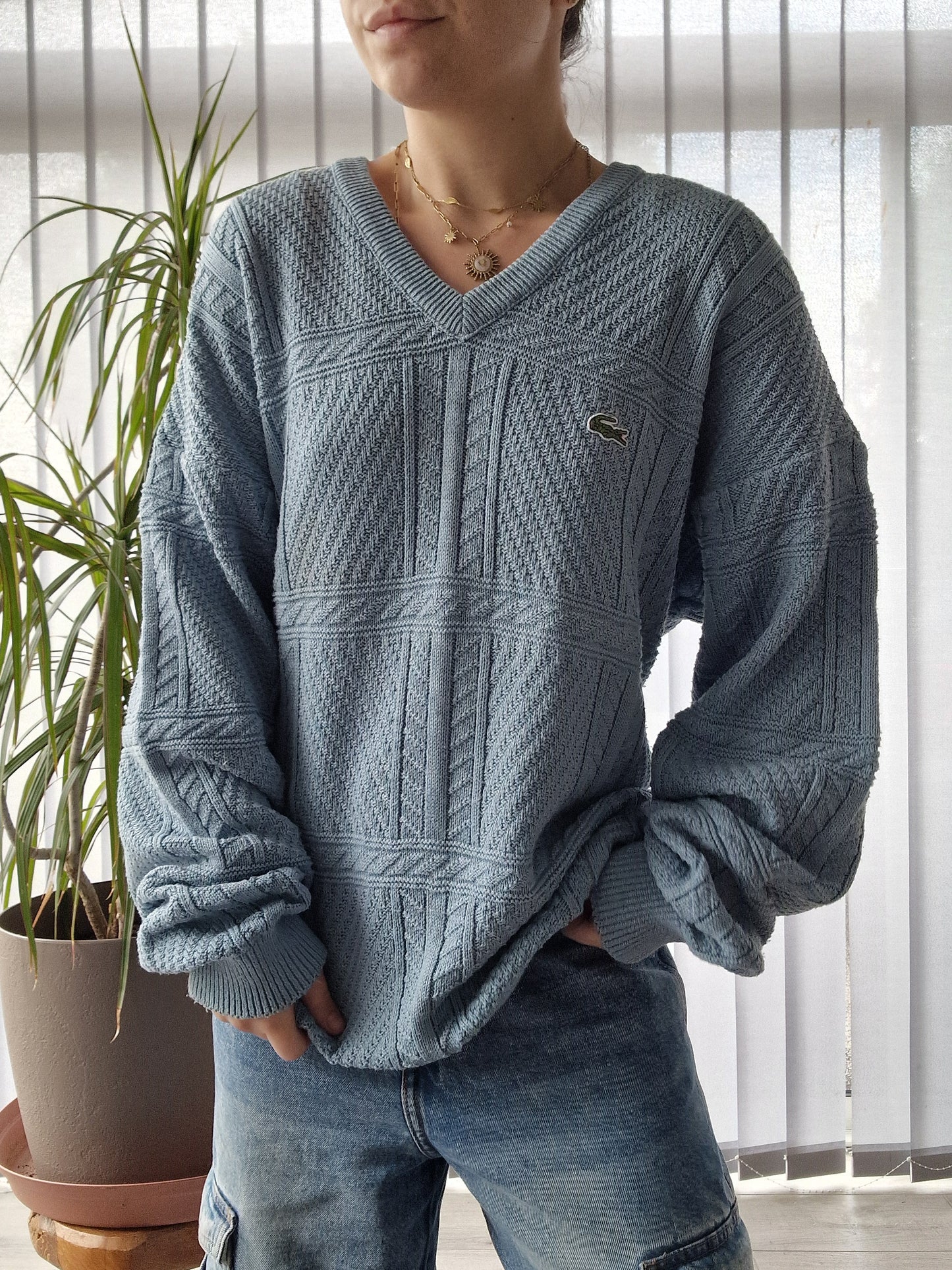 Pull bleu en maille travaillée des années 80' - L/XL