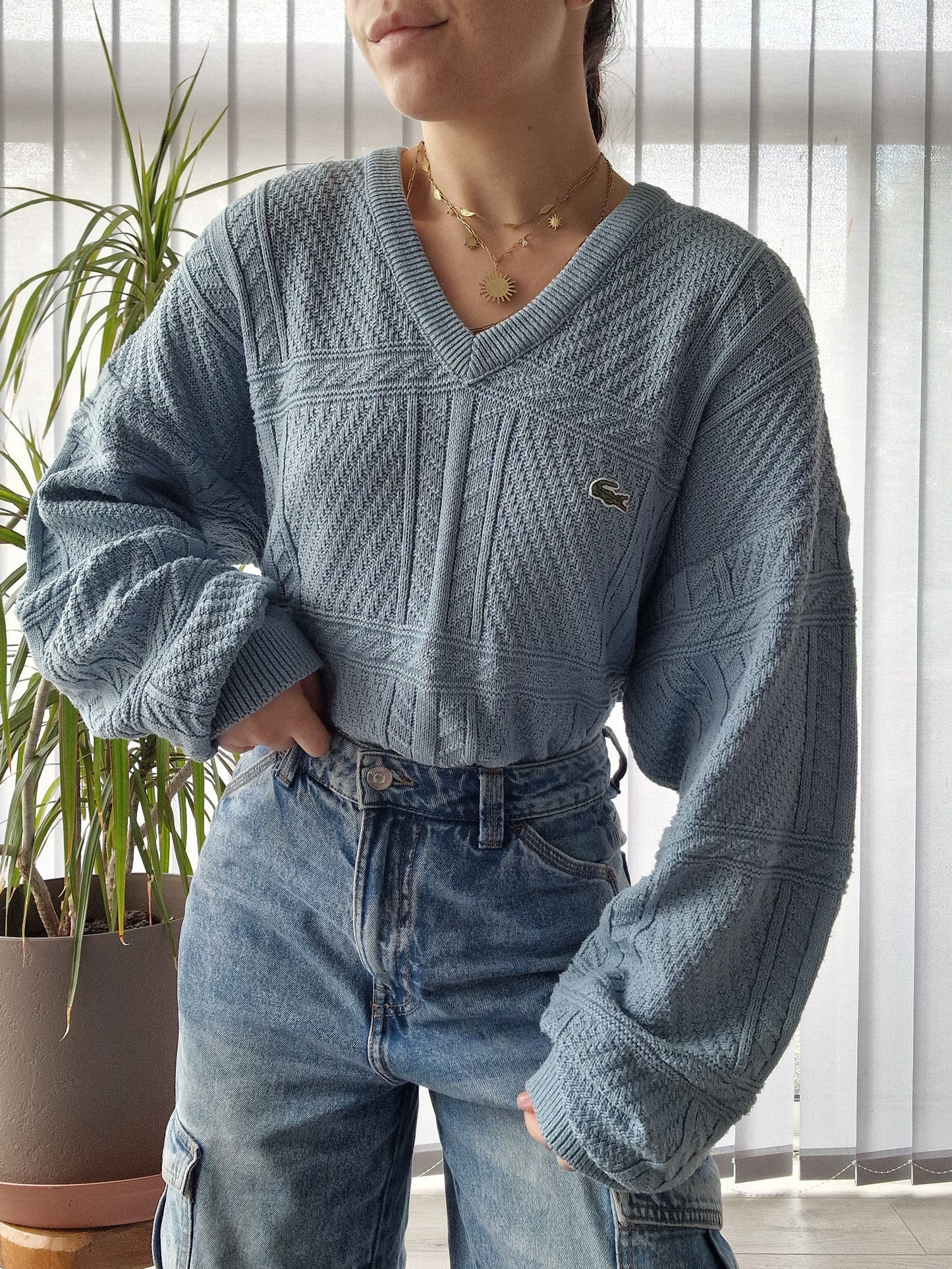 Pull bleu en maille travaillée des années 80' - L/XL