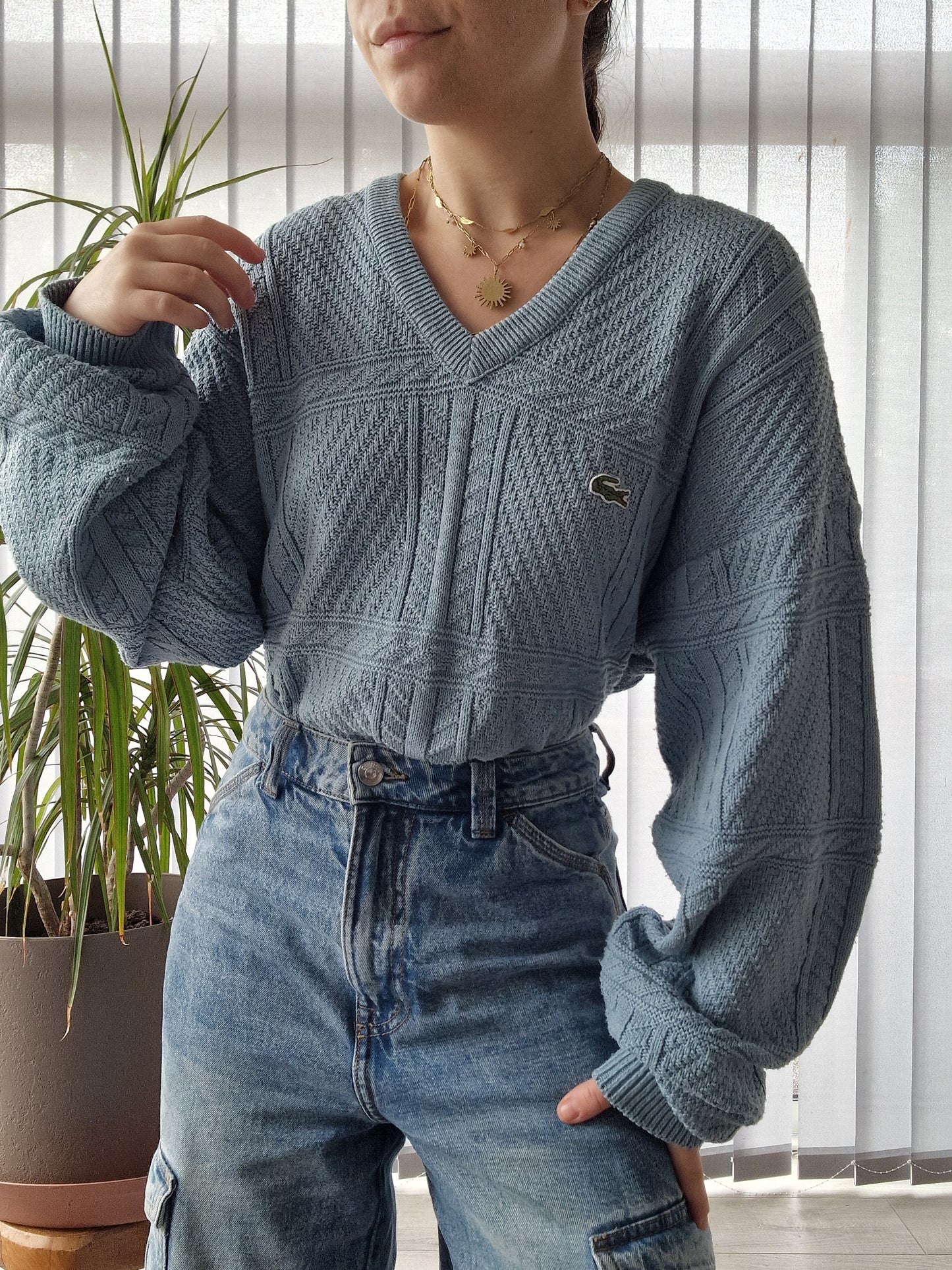 Pull bleu en maille travaillée des années 80' - L/XL