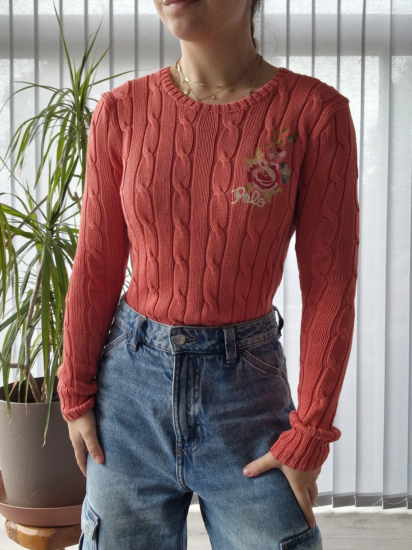 Pull en maille torsadée orange brodé - XS/34