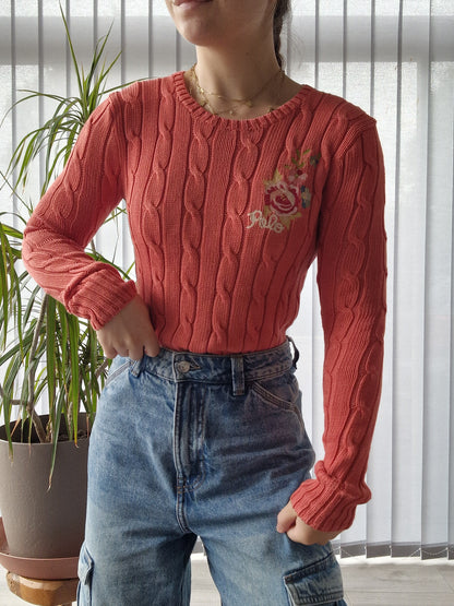 Pull en maille torsadée orange brodé - XS/34