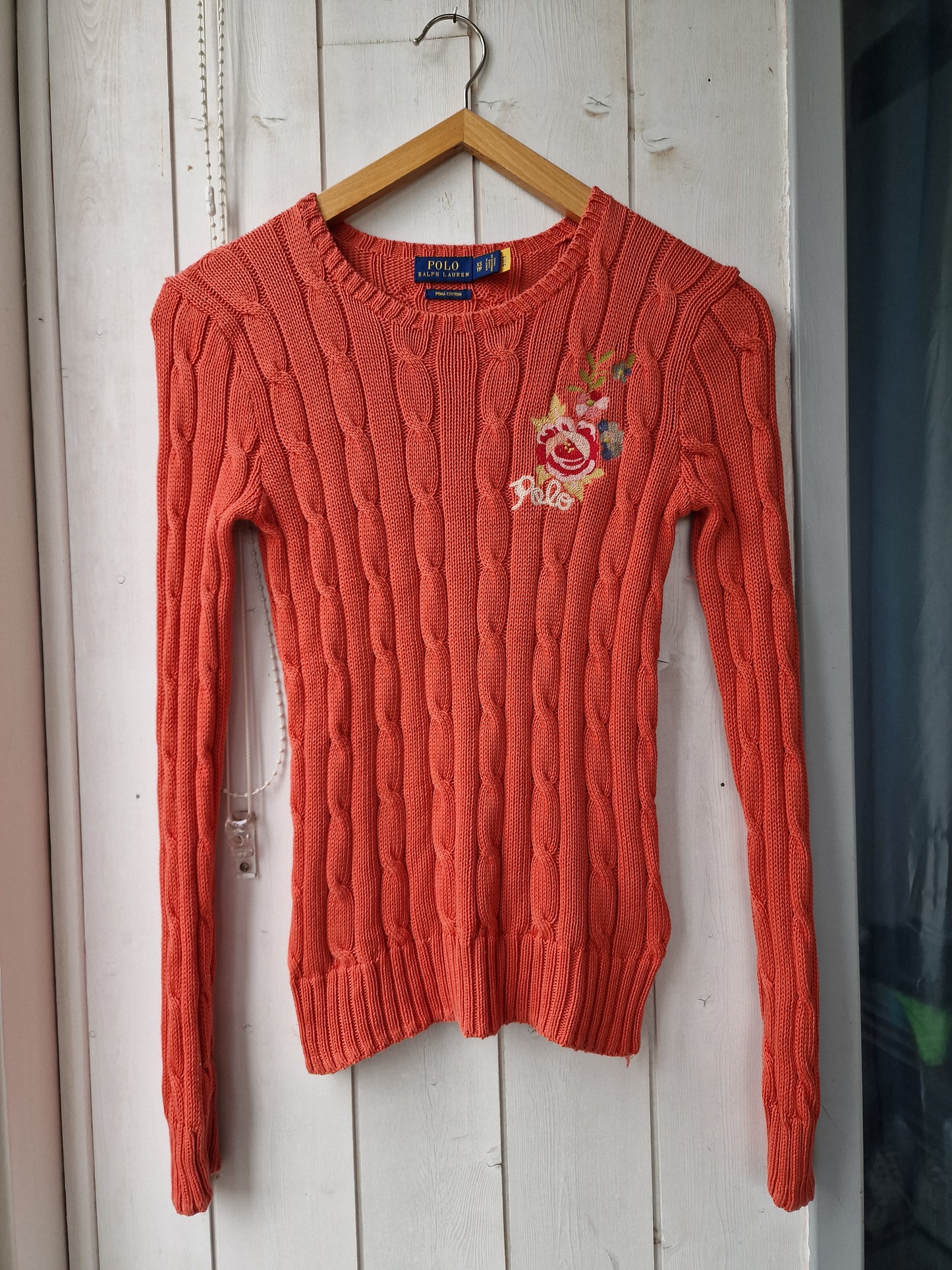 Pull en maille torsadée orange brodé - XS/34