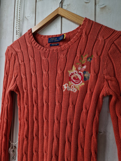 Pull en maille torsadée orange brodé - XS/34