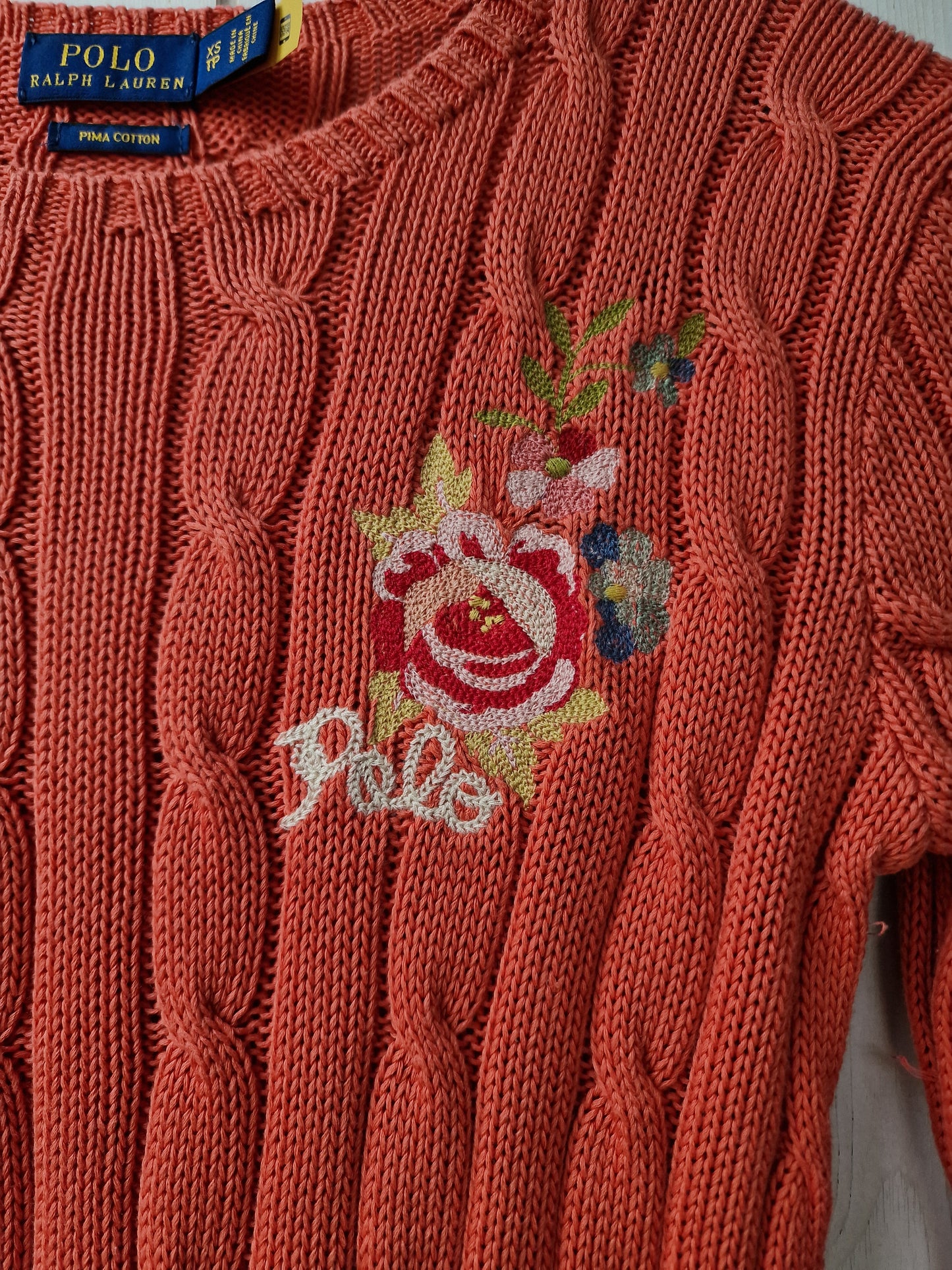 Pull en maille torsadée orange brodé - XS/34