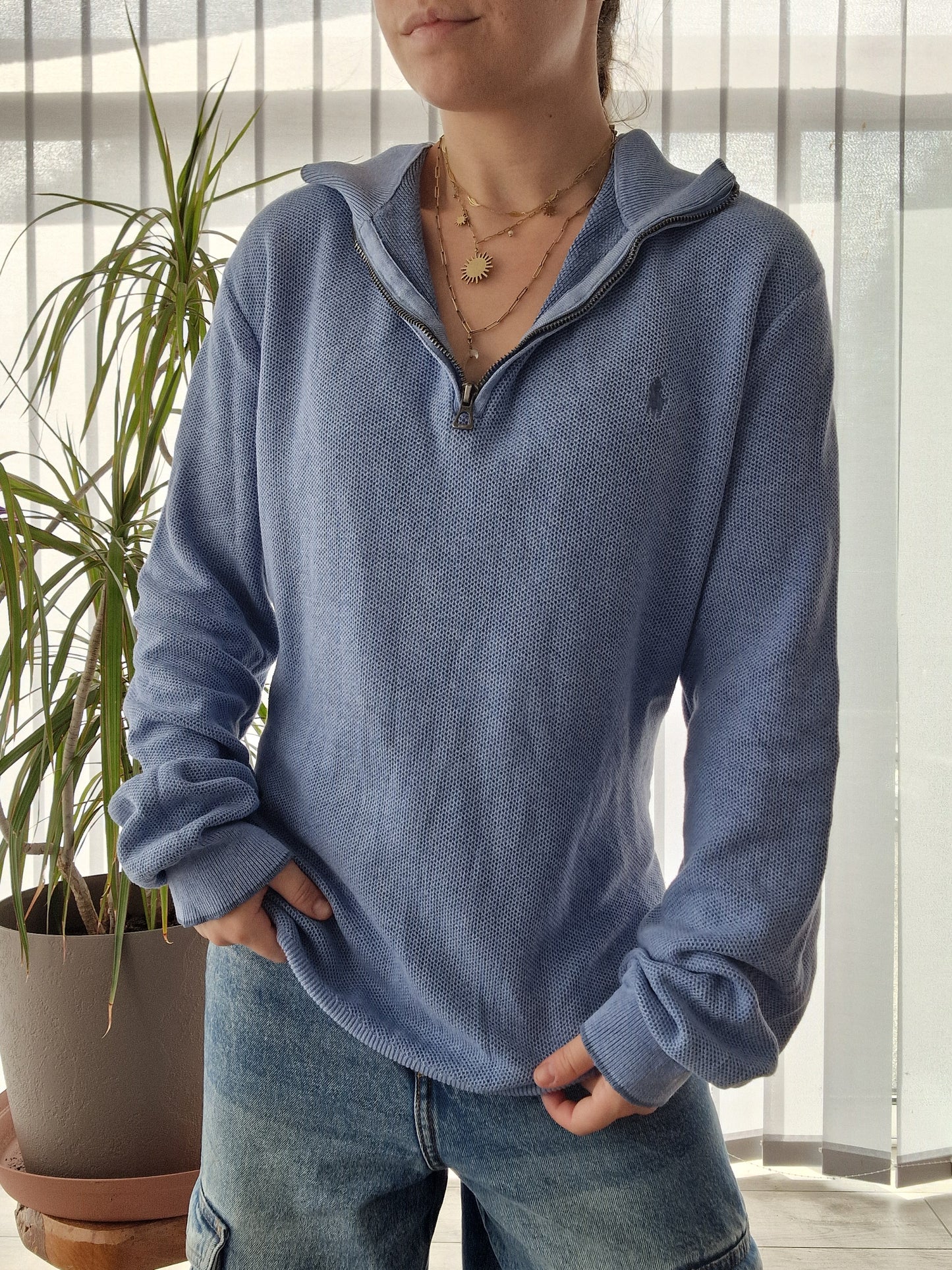 Pull camionneur en coton piquée bleu - L/40 oversize