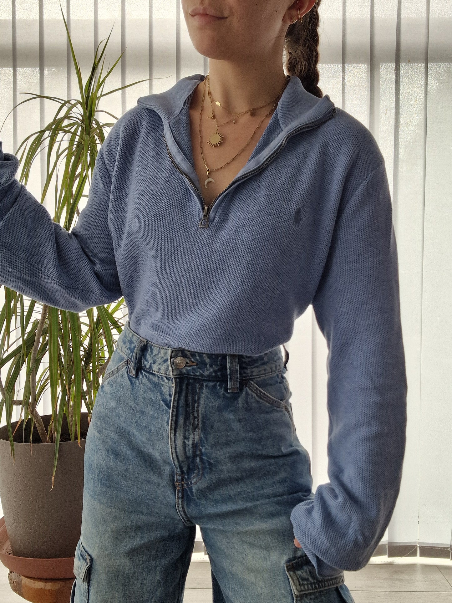 Pull camionneur en coton piquée bleu - L/40 oversize