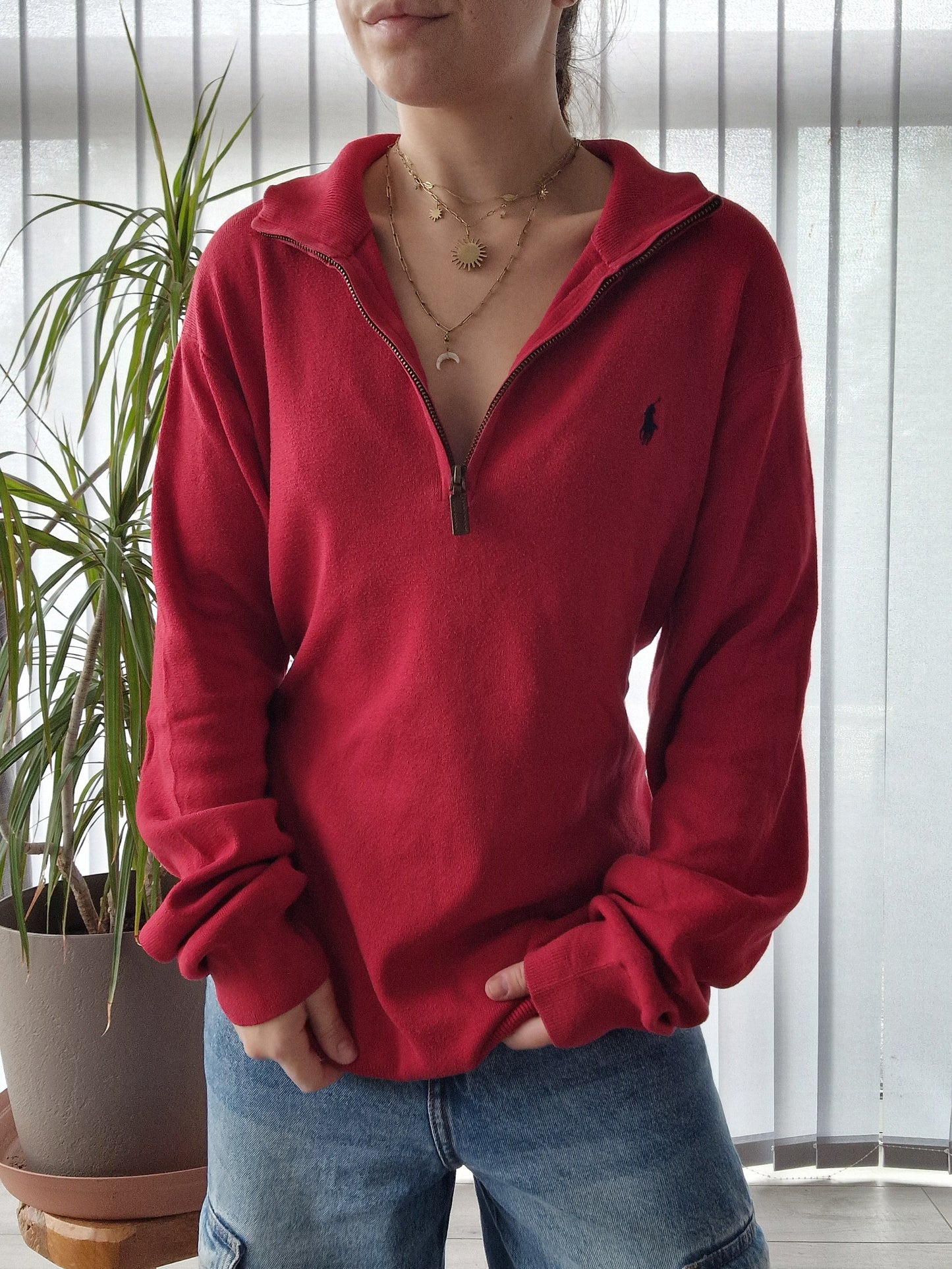 Pull camionneur rouge en maille fine - L/40