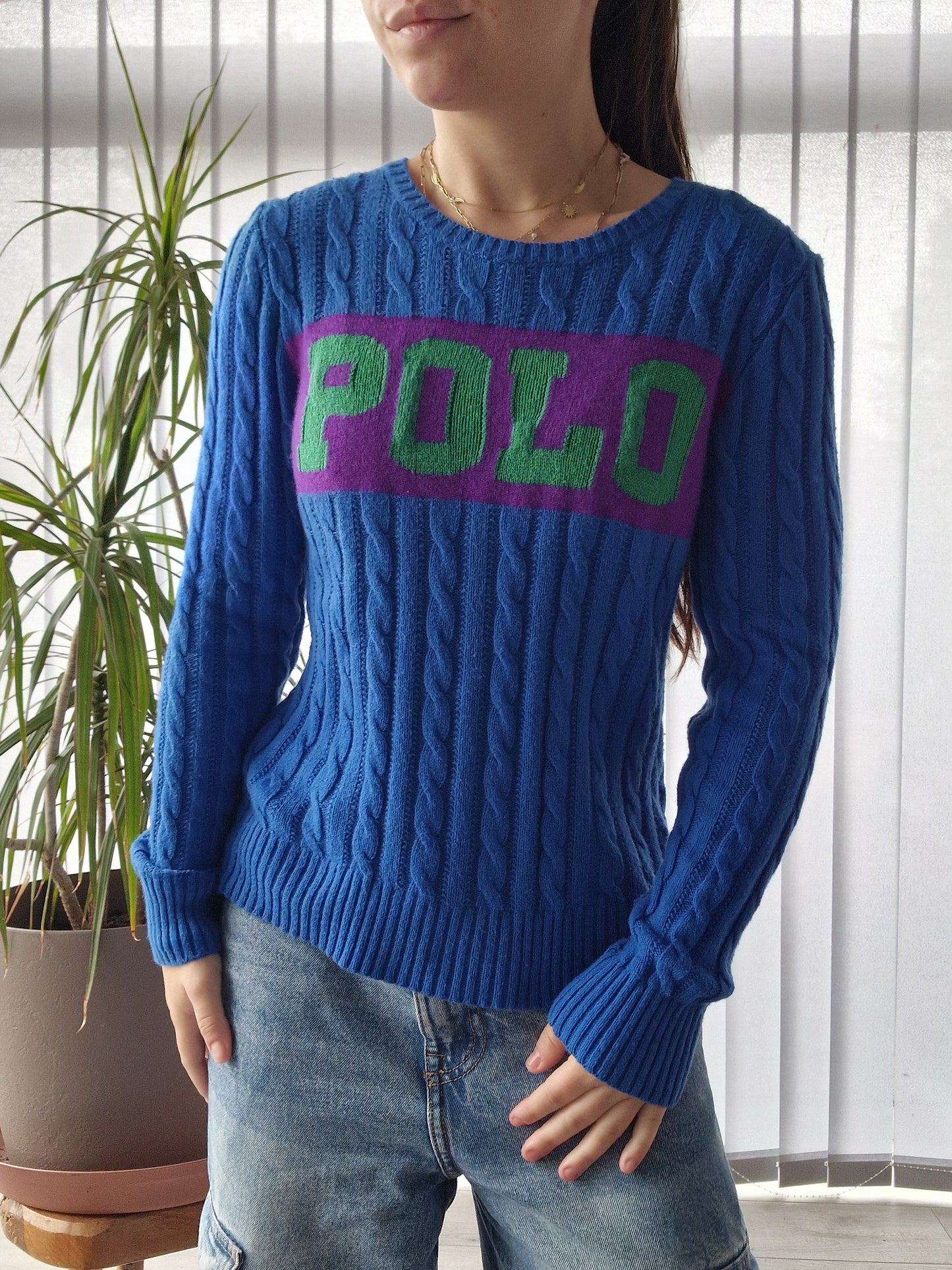 Pull en maille torsadée bleu "polo" - XS/34