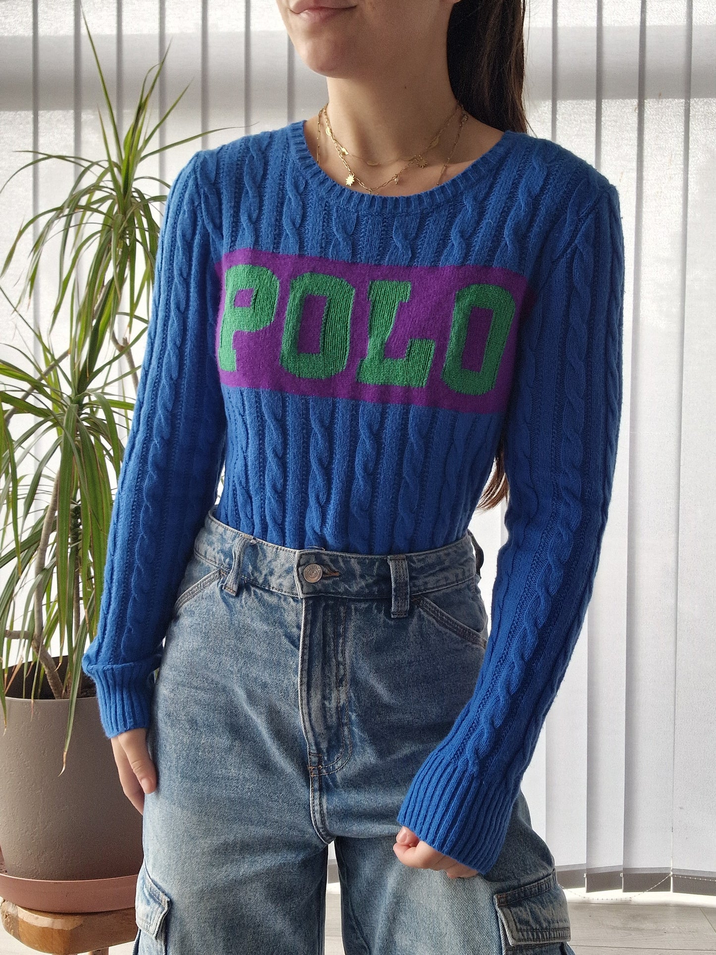 Pull en maille torsadée bleu "polo" - XS/34