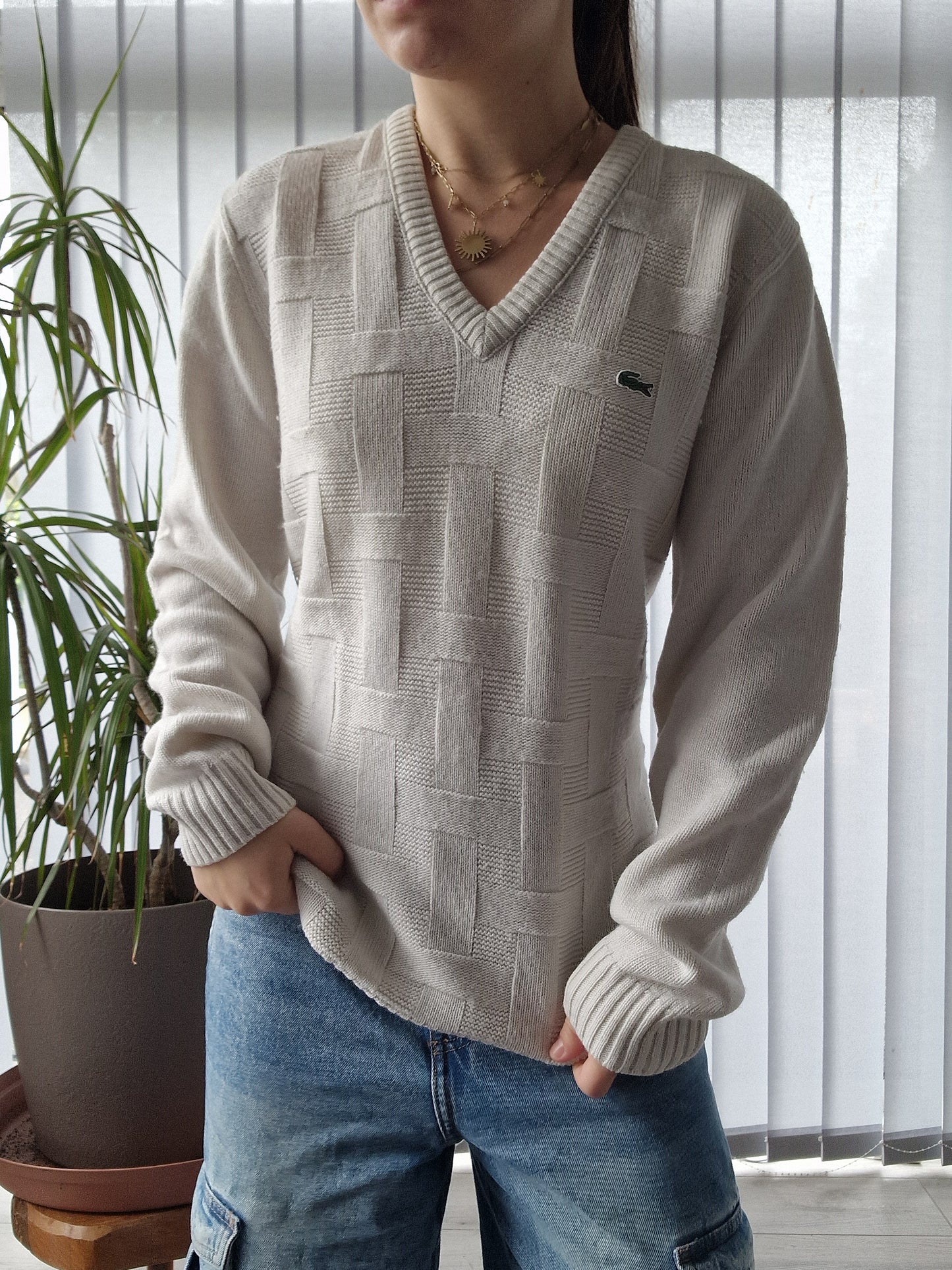 Pull col V en maille blanche des années 90' - M/38