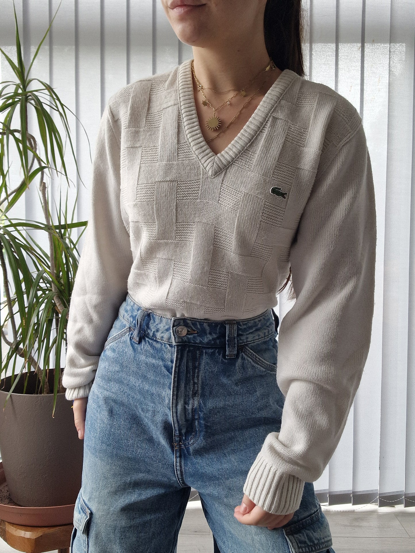 Pull col V en maille blanche des années 90' - M/38