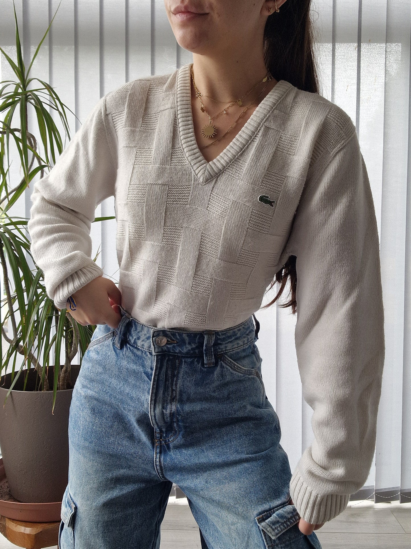 Pull col V en maille blanche des années 90' - M/38