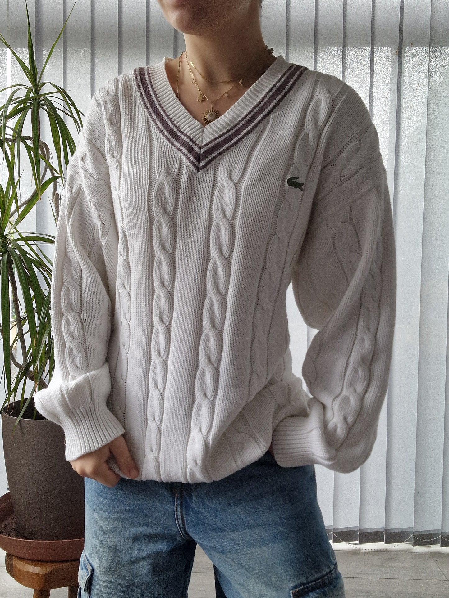 Pull col V en maille torsadée blanc des années 90' - XL/42