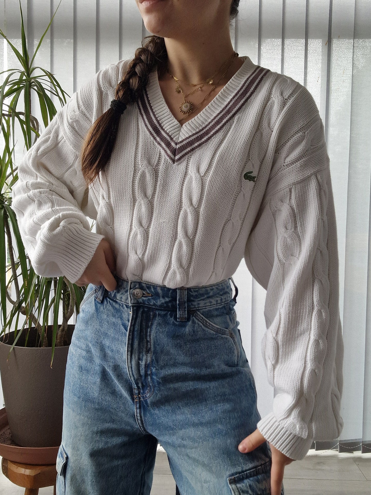 Pull col V en maille torsadée blanc des années 90' - XL/42