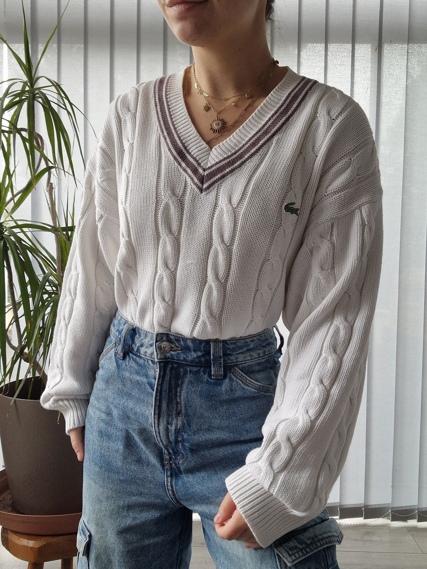 Pull col V en maille torsadée blanc des années 90' - XL/42