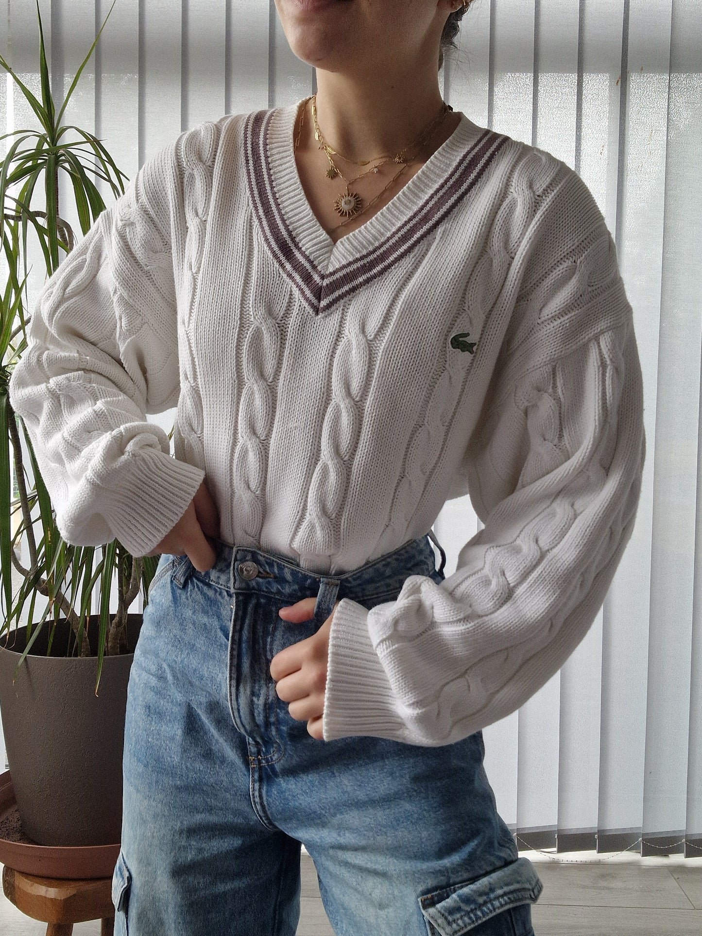 Pull col V en maille torsadée blanc des années 90' - XL/42