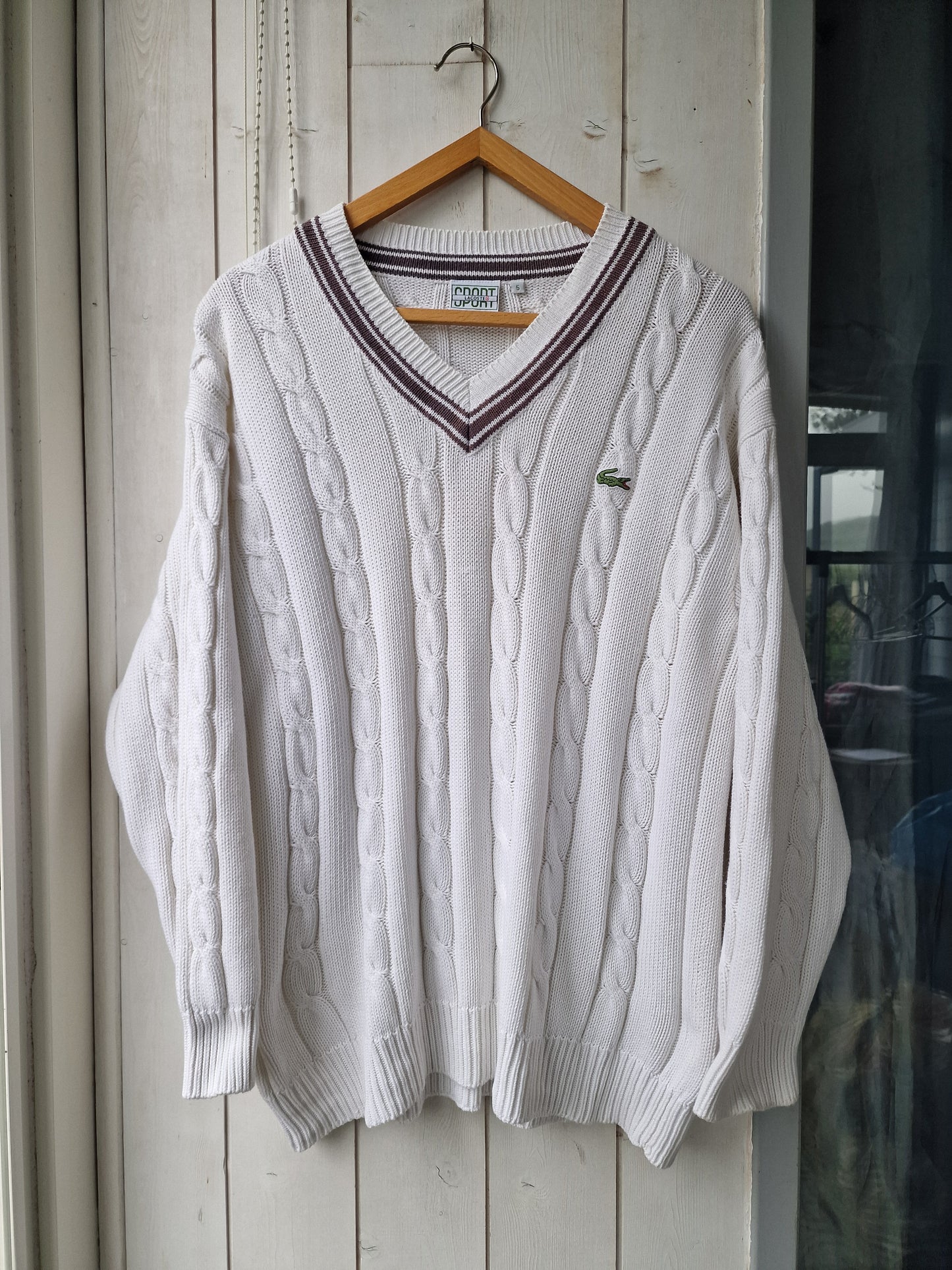 Pull col V en maille torsadée blanc des années 90' - XL/42