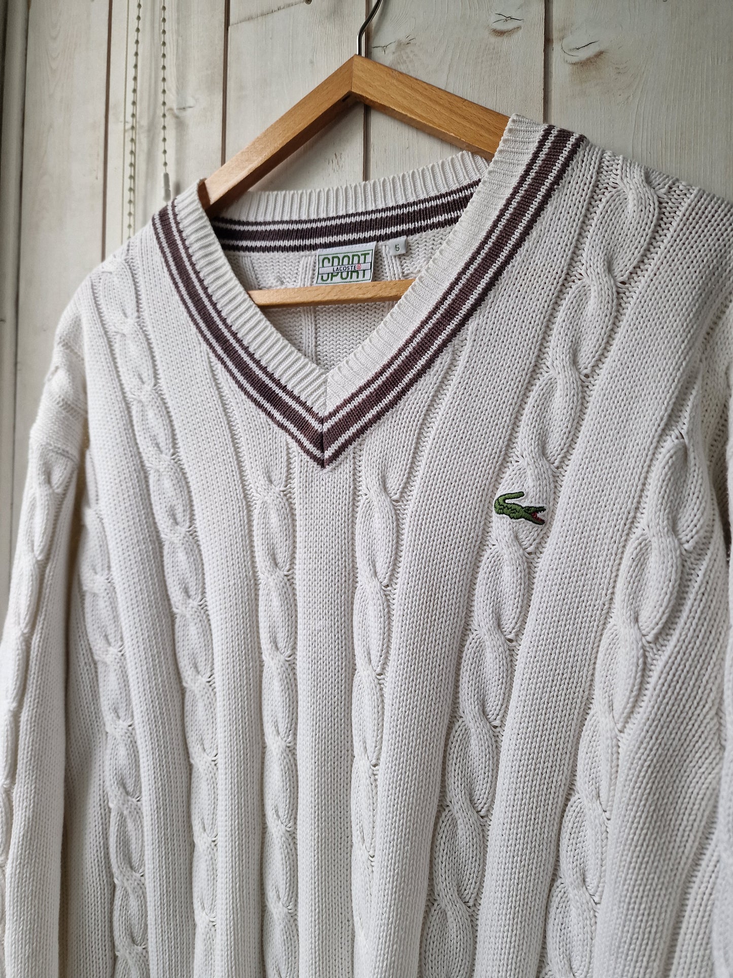 Pull col V en maille torsadée blanc des années 90' - XL/42