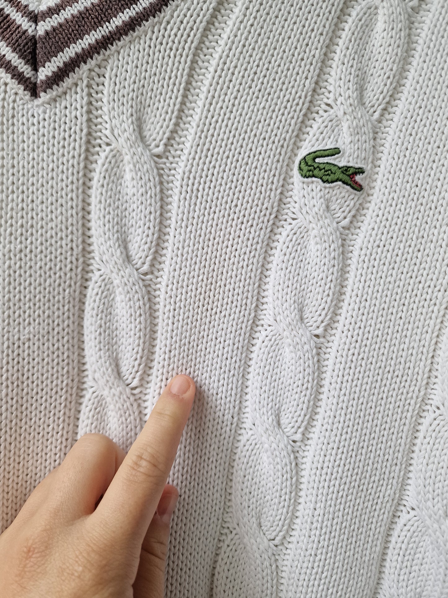 Pull col V en maille torsadée blanc des années 90' - XL/42