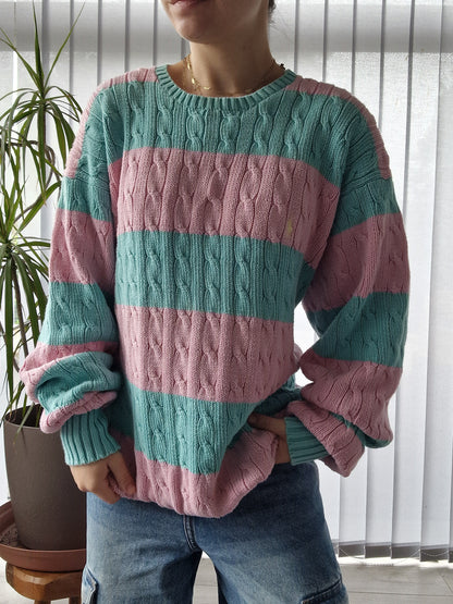 Pull en maille torsadée rose et bleu - XL/42