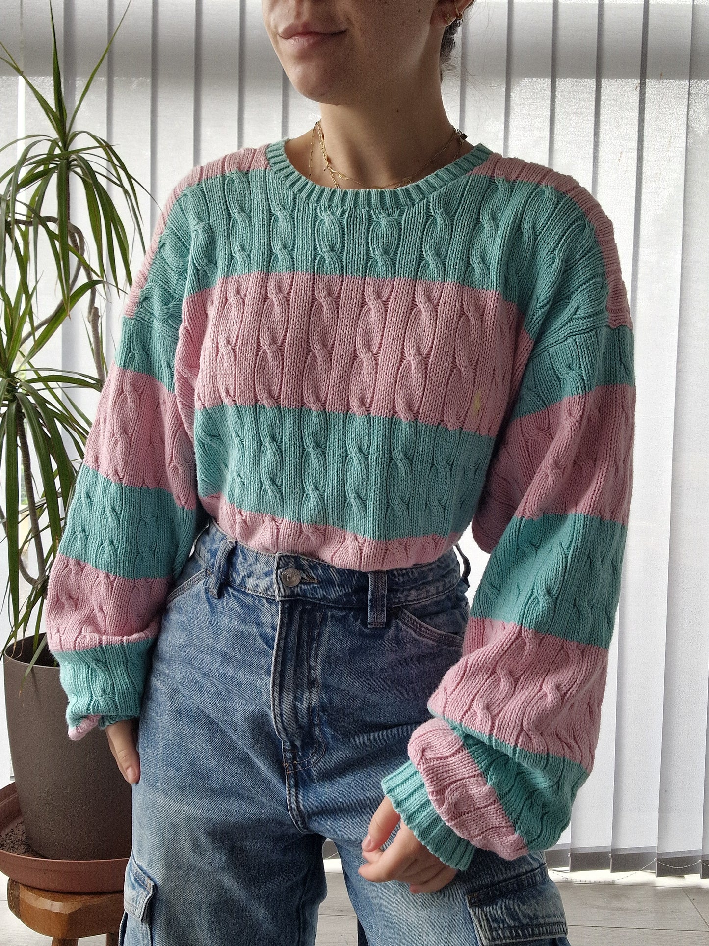 Pull en maille torsadée rose et bleu - XL/42