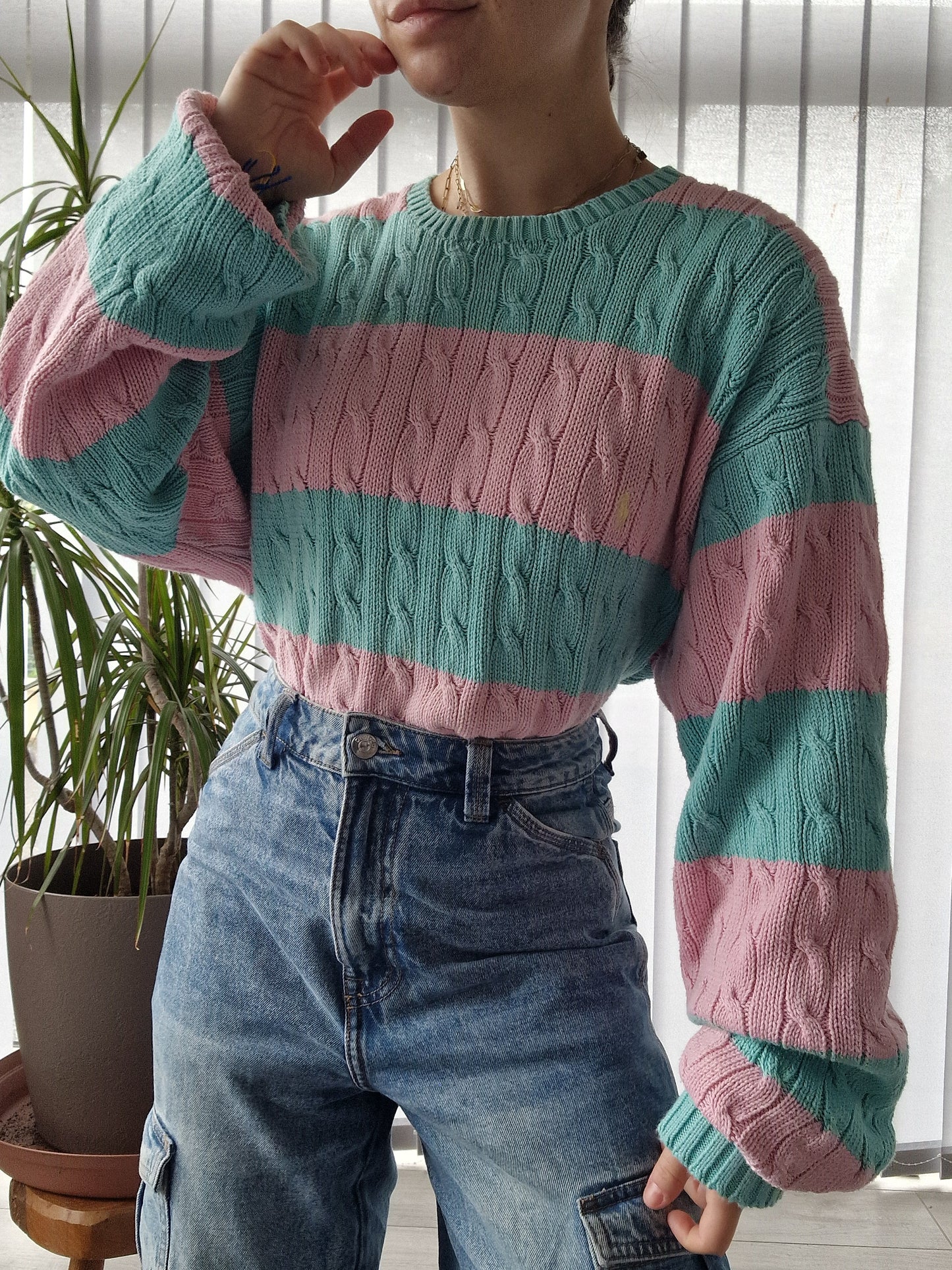 Pull en maille torsadée rose et bleu - XL/42