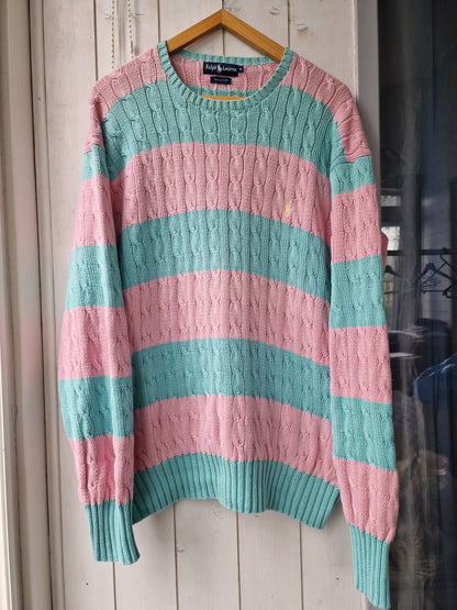 Pull en maille torsadée rose et bleu - XL/42