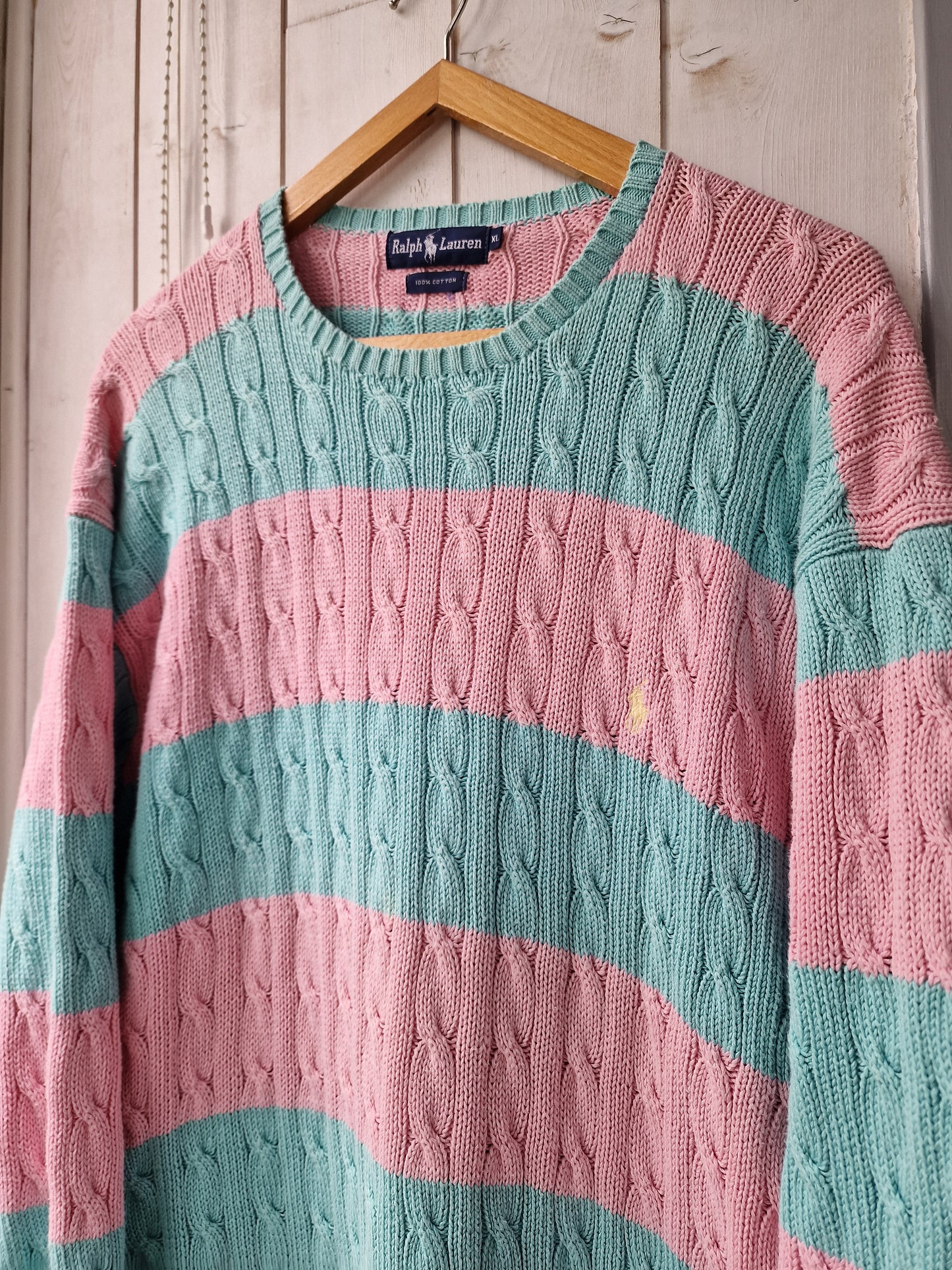 Pull en maille torsadée rose et bleu - XL/42