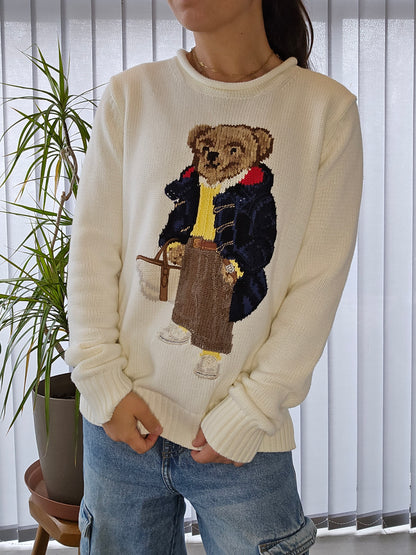 🏷 NEUF : Pull en maille crème polo bear brodé de collection - XS/34