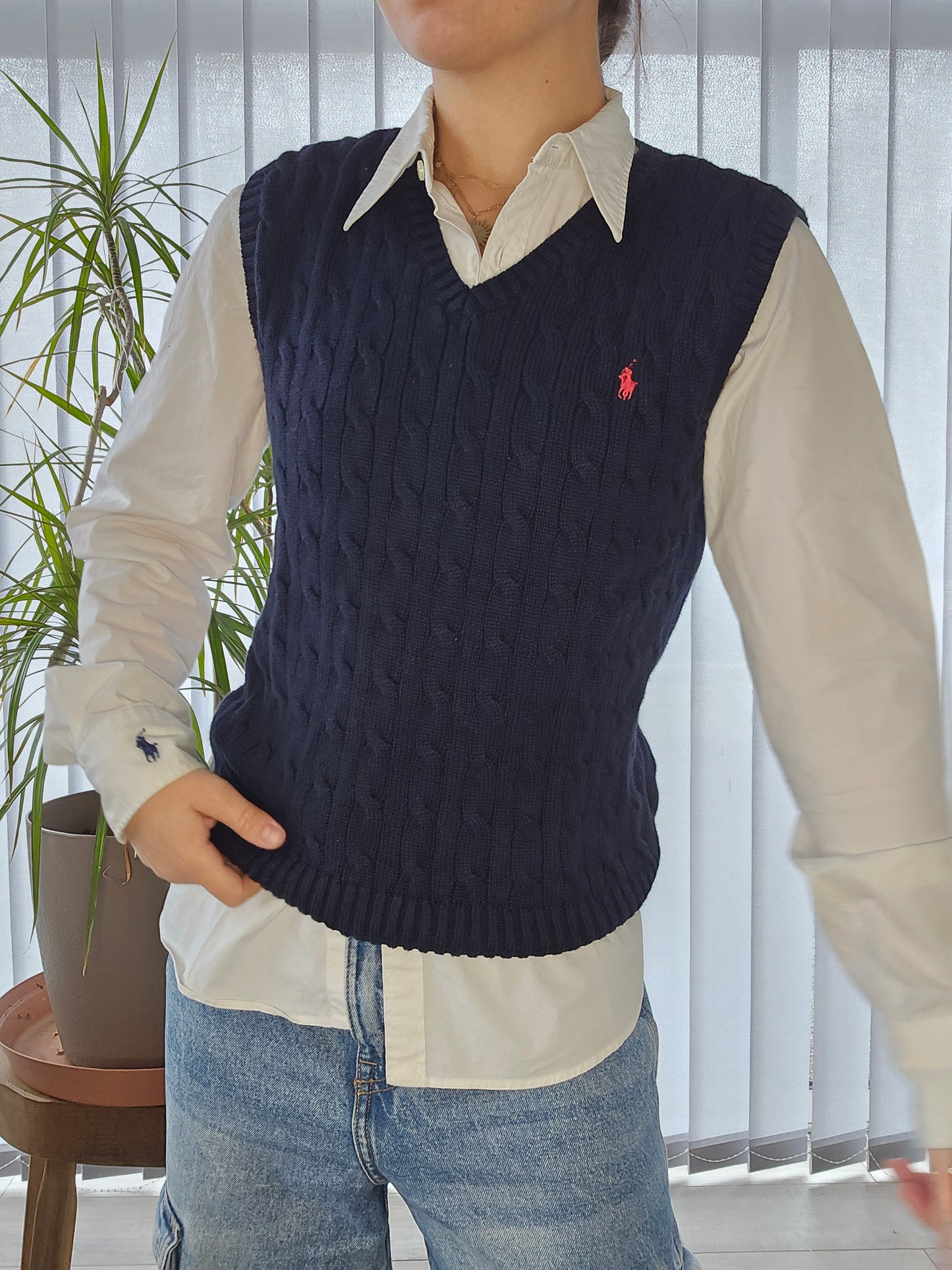 Pull sans manches en maille torsadée marine - XS/34