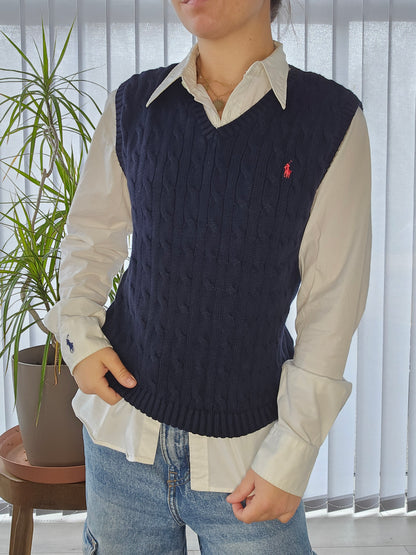 Pull sans manches en maille torsadée marine - XS/34