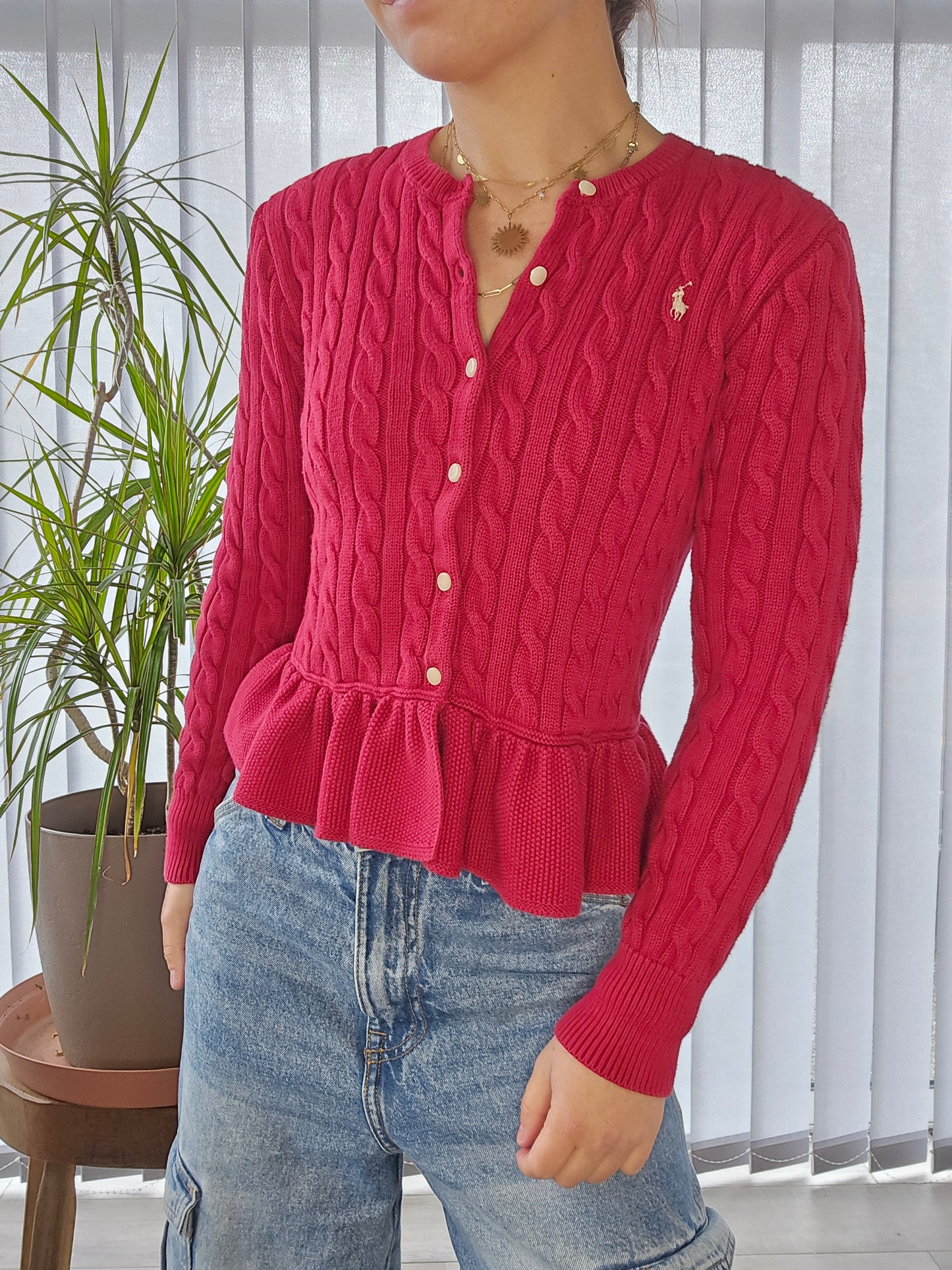 Cardigan en maille torsadée rouge - XS/34