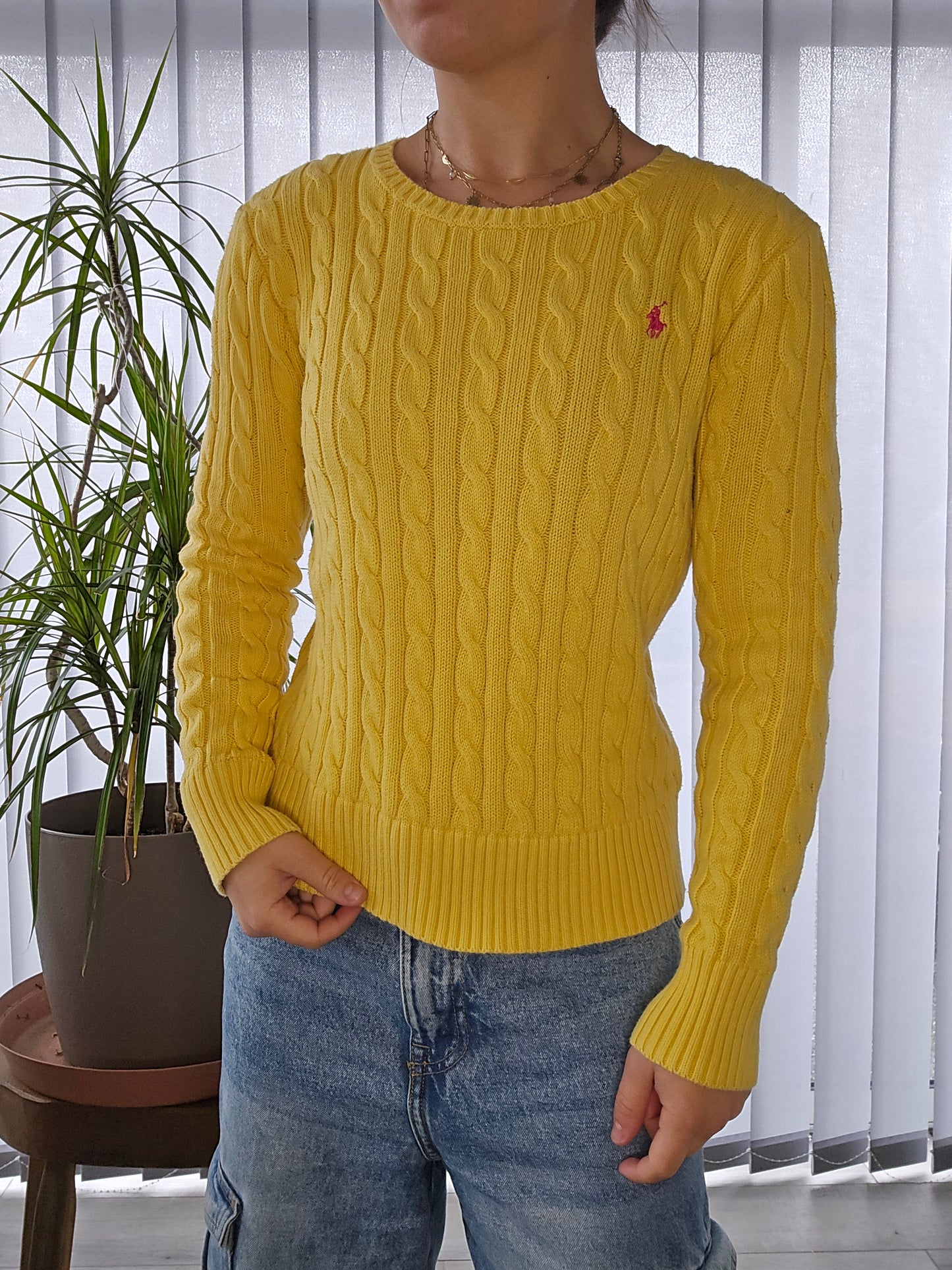 Pull en maille torsadée jaune - XS/34