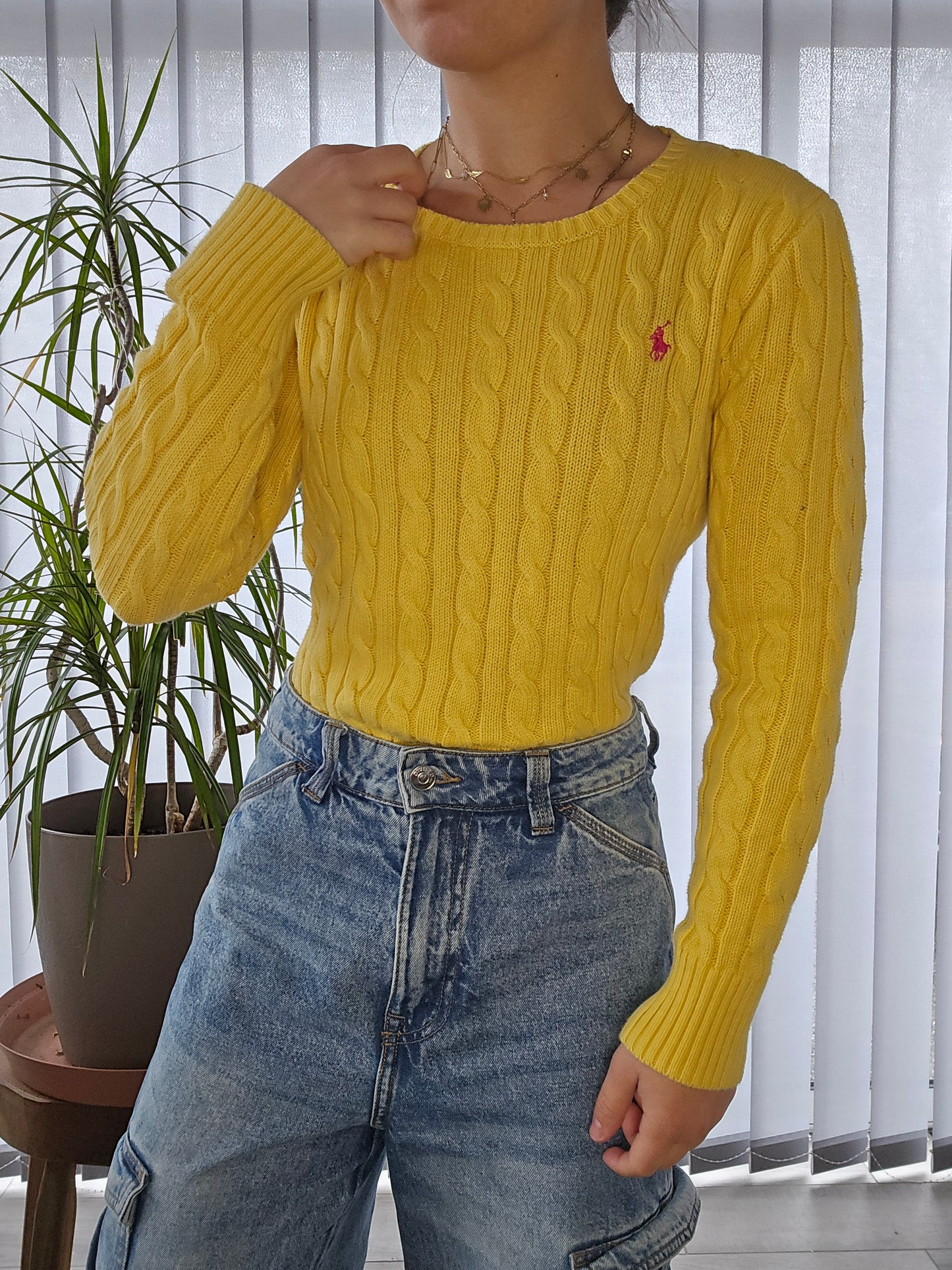 Pull en maille torsadée jaune - XS/34