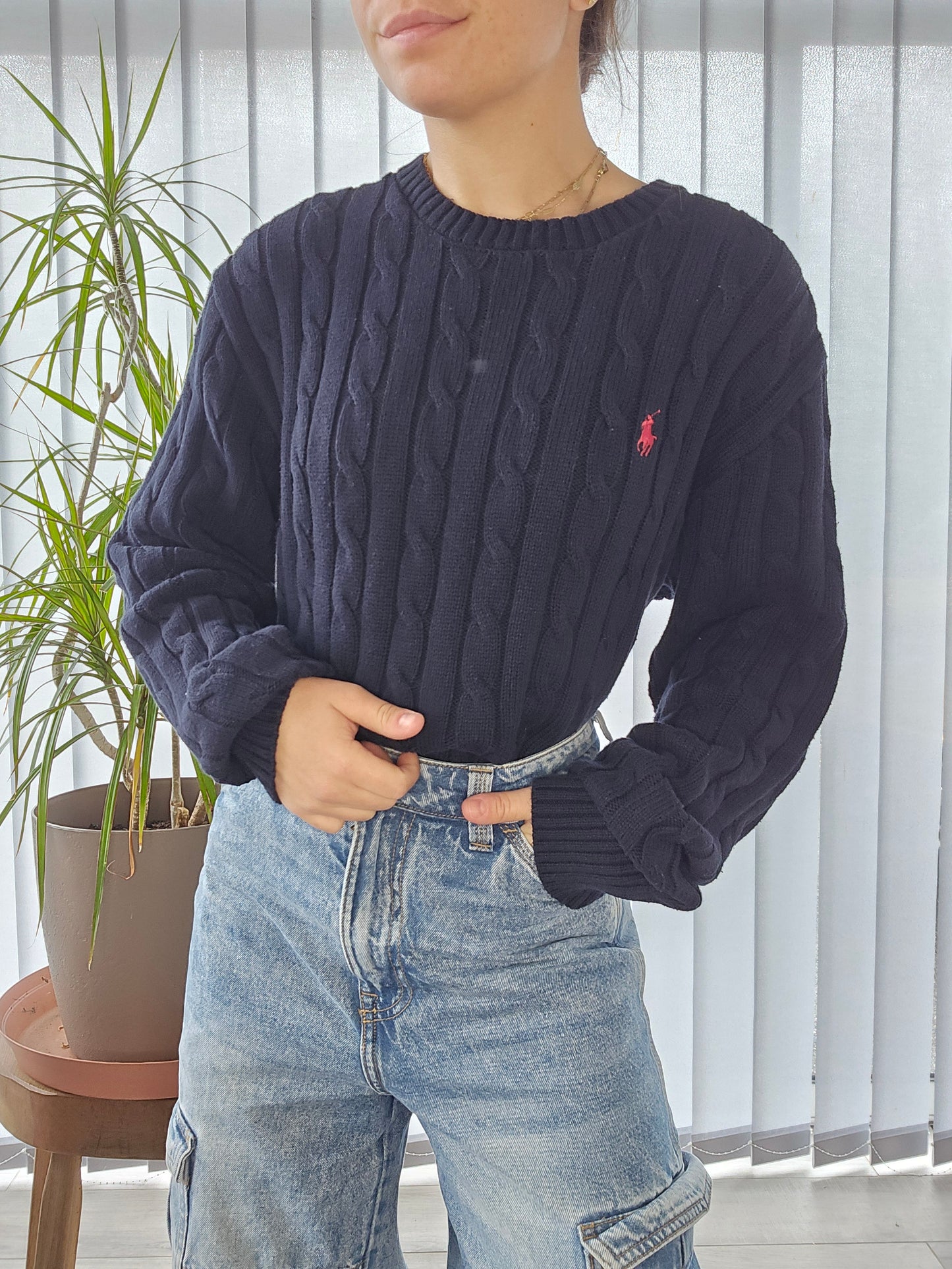 Pull en maille torsadée marine - XL/42 homme