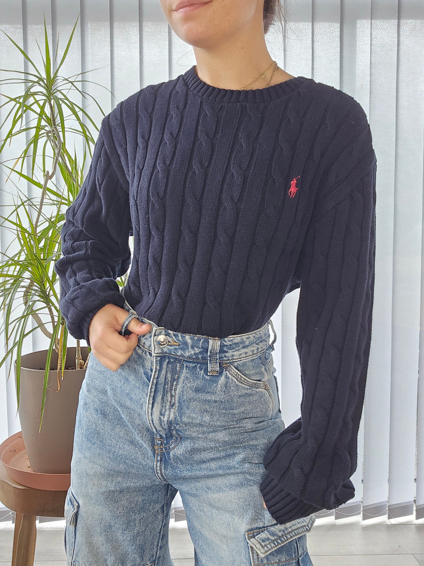 Pull en maille torsadée marine - XL/42 homme