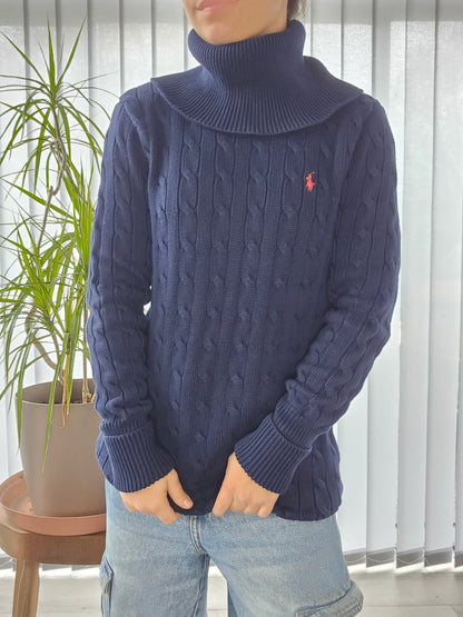 Pull long col roulé en maille torsadée marine - S/36