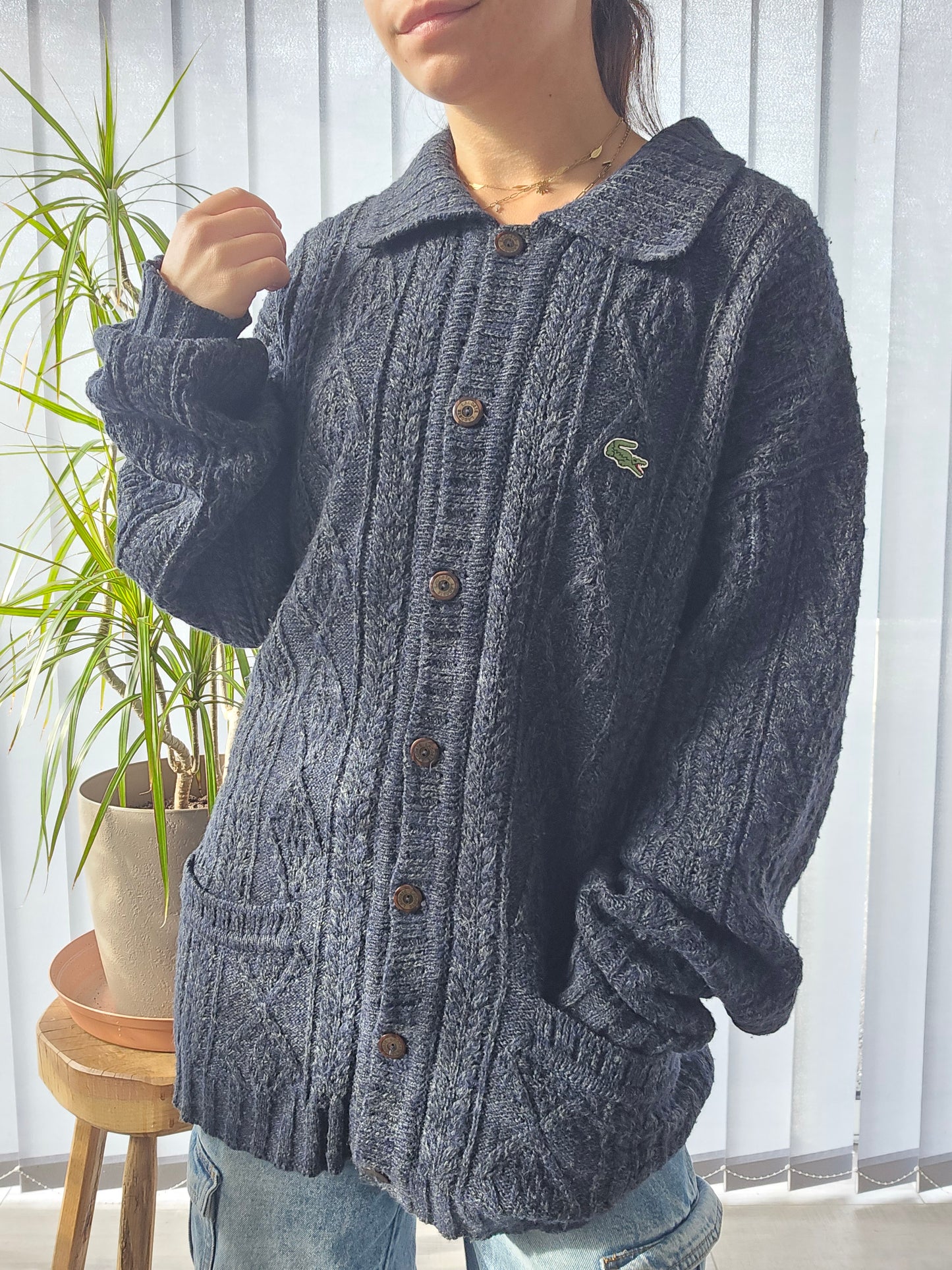 Cardigan en maille épaisse bleu marine des années 80' - XL/42