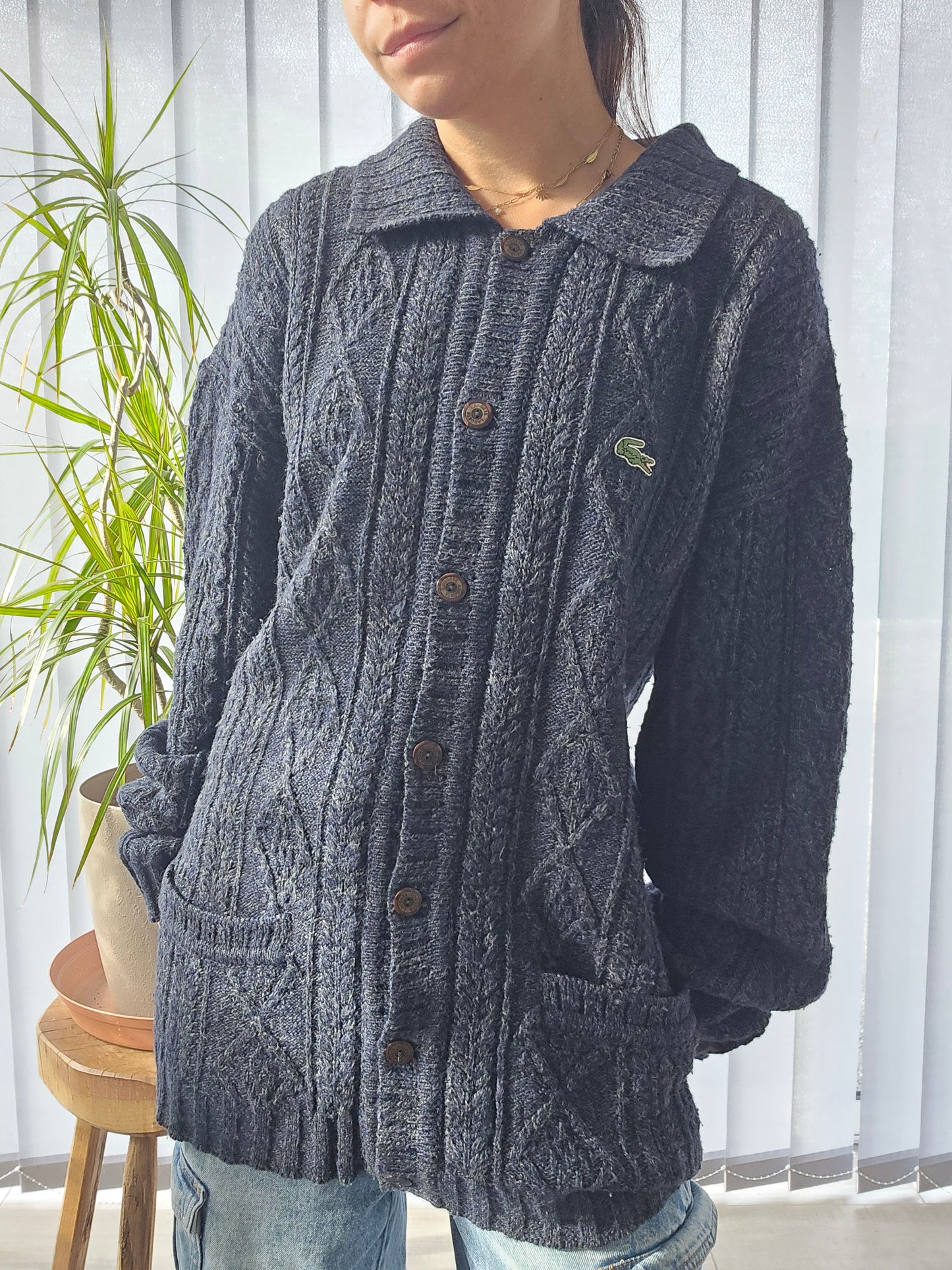 Cardigan en maille épaisse bleu marine des années 80' - XL/42