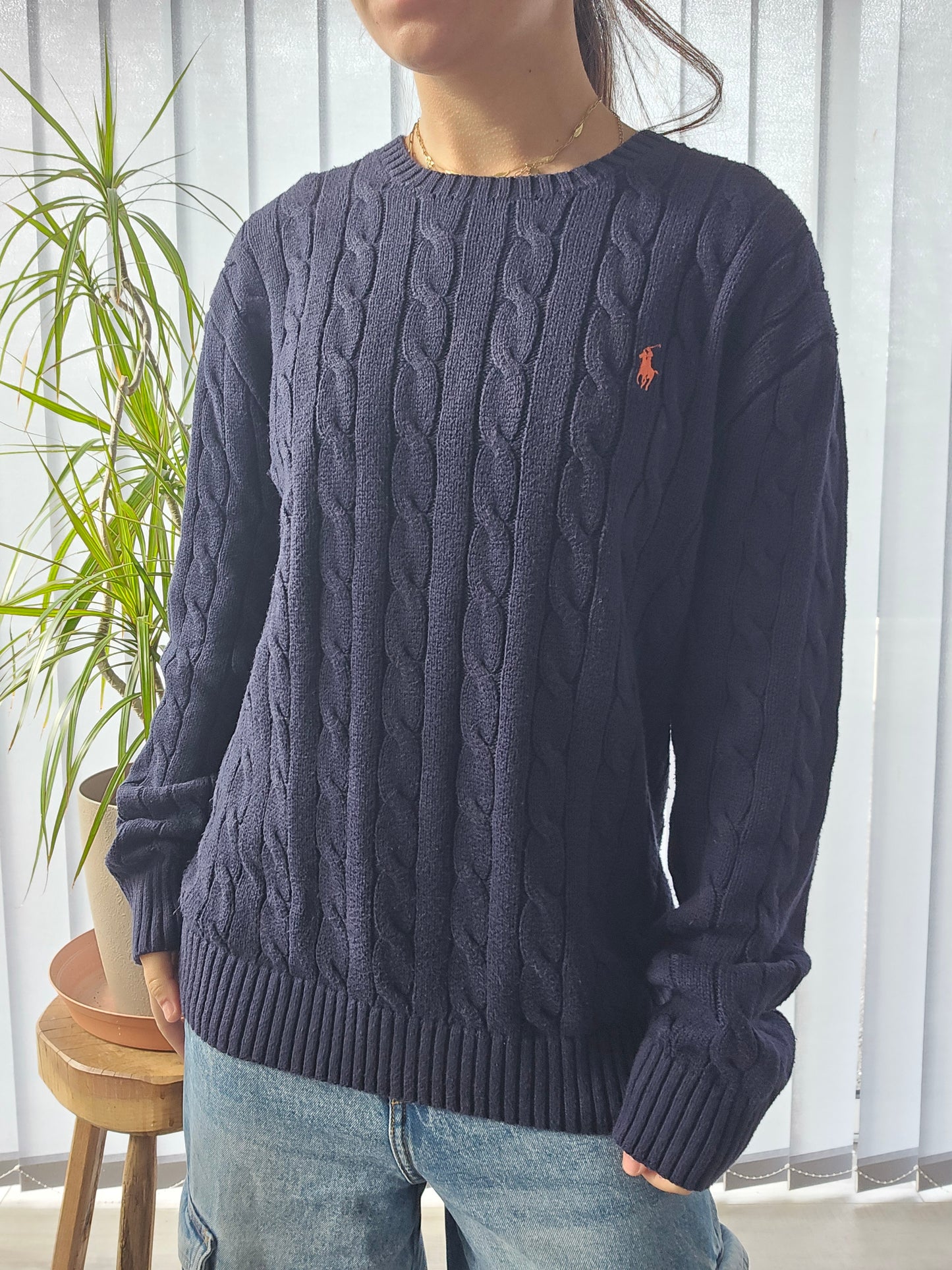 Pull en maille torsadée marine - L/40 homme (ou XL femme)