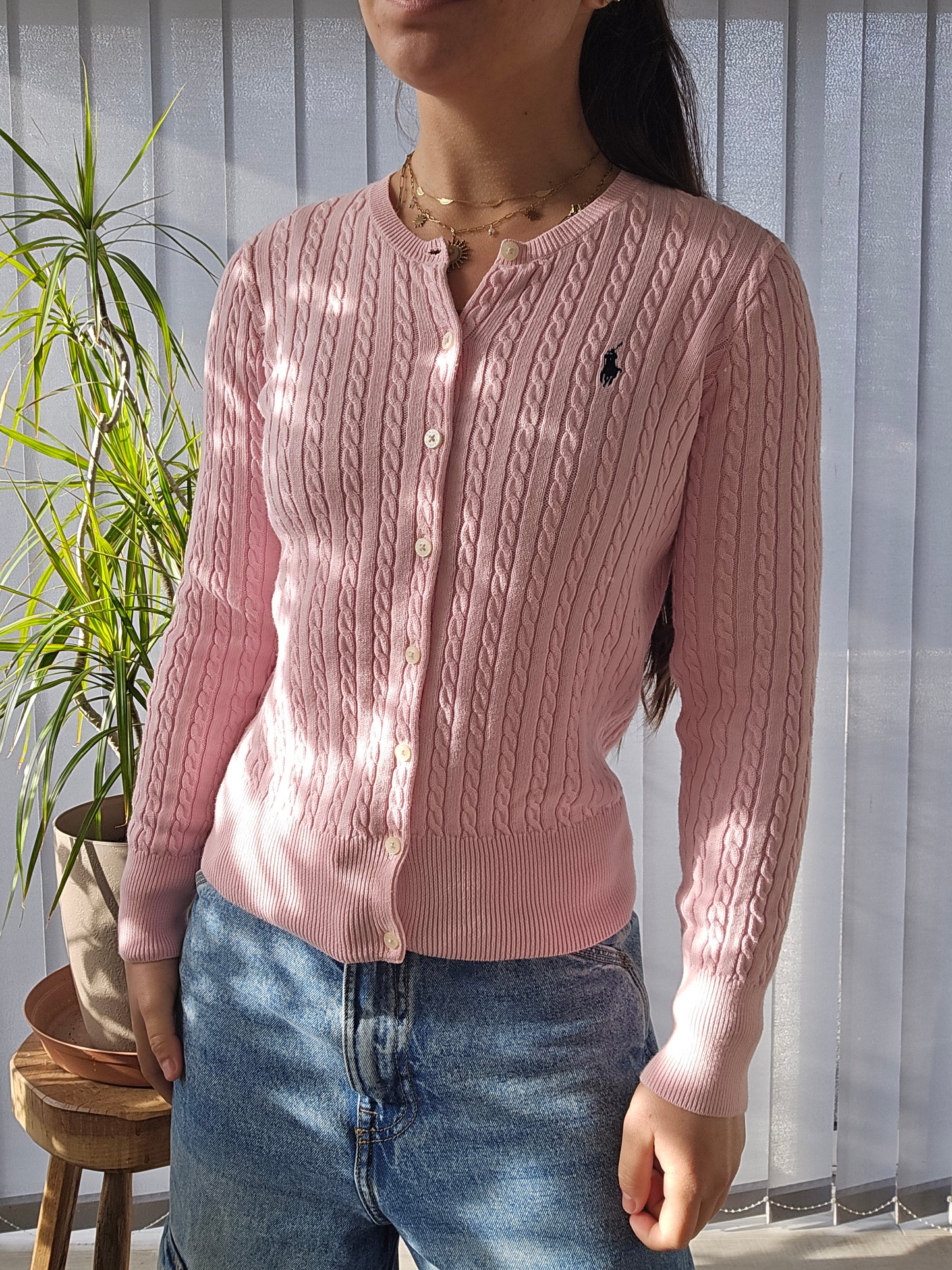 Cardigan en maille tressée rose clair - XS/34