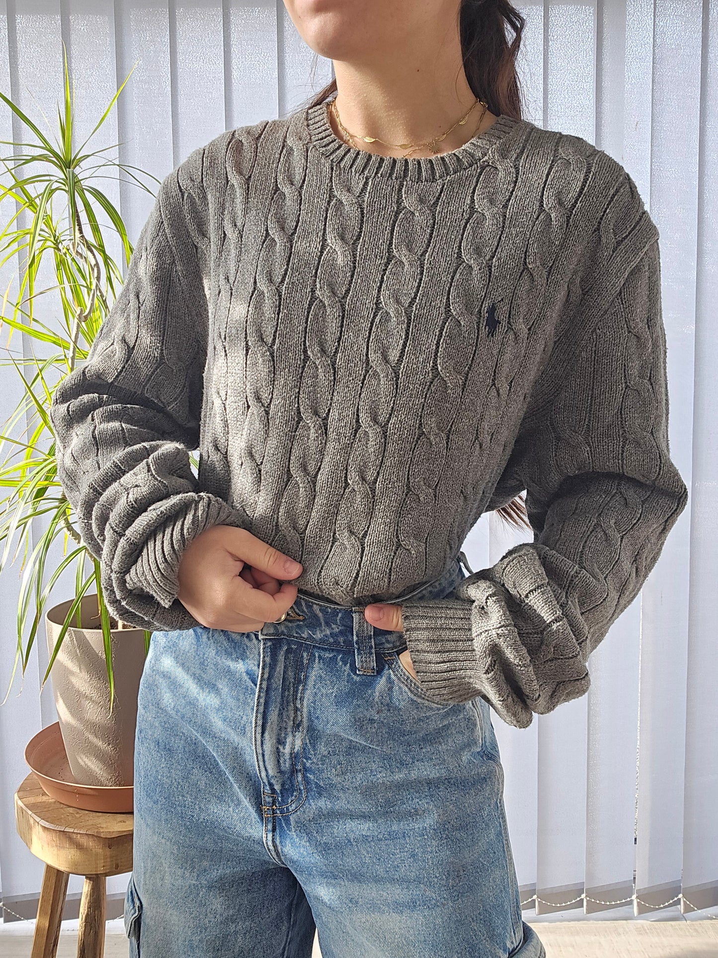 Pull en maille torsadée gris - L/40 homme (ou XL femme)