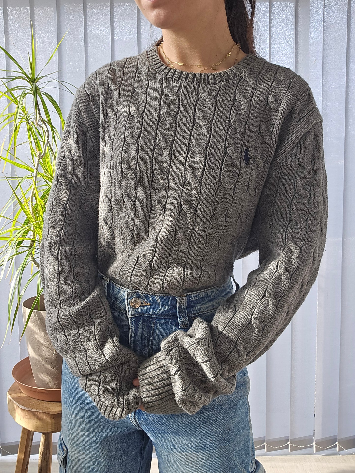 Pull en maille torsadée gris - L/40 homme (ou XL femme)