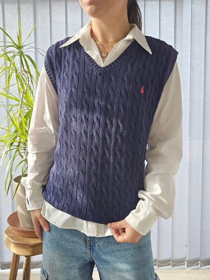 Pull sans manches en maille torsadée marine - S/36