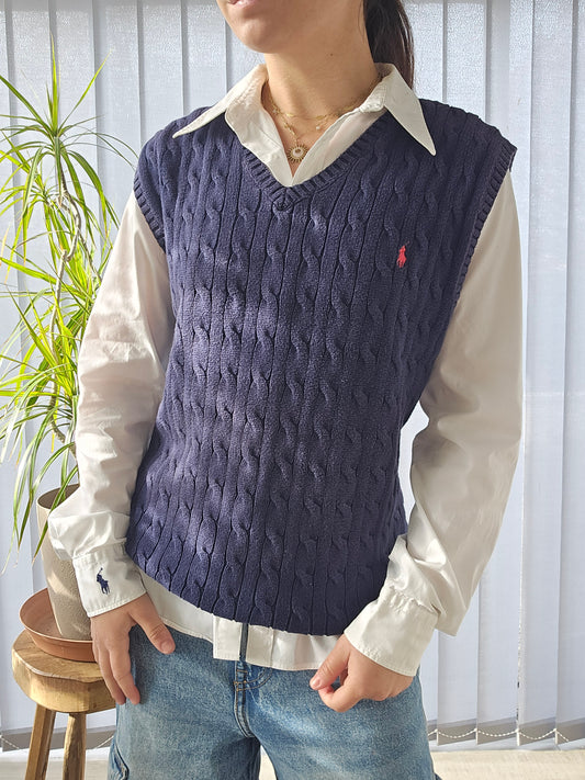 Pull sans manches en maille torsadée marine - S/36