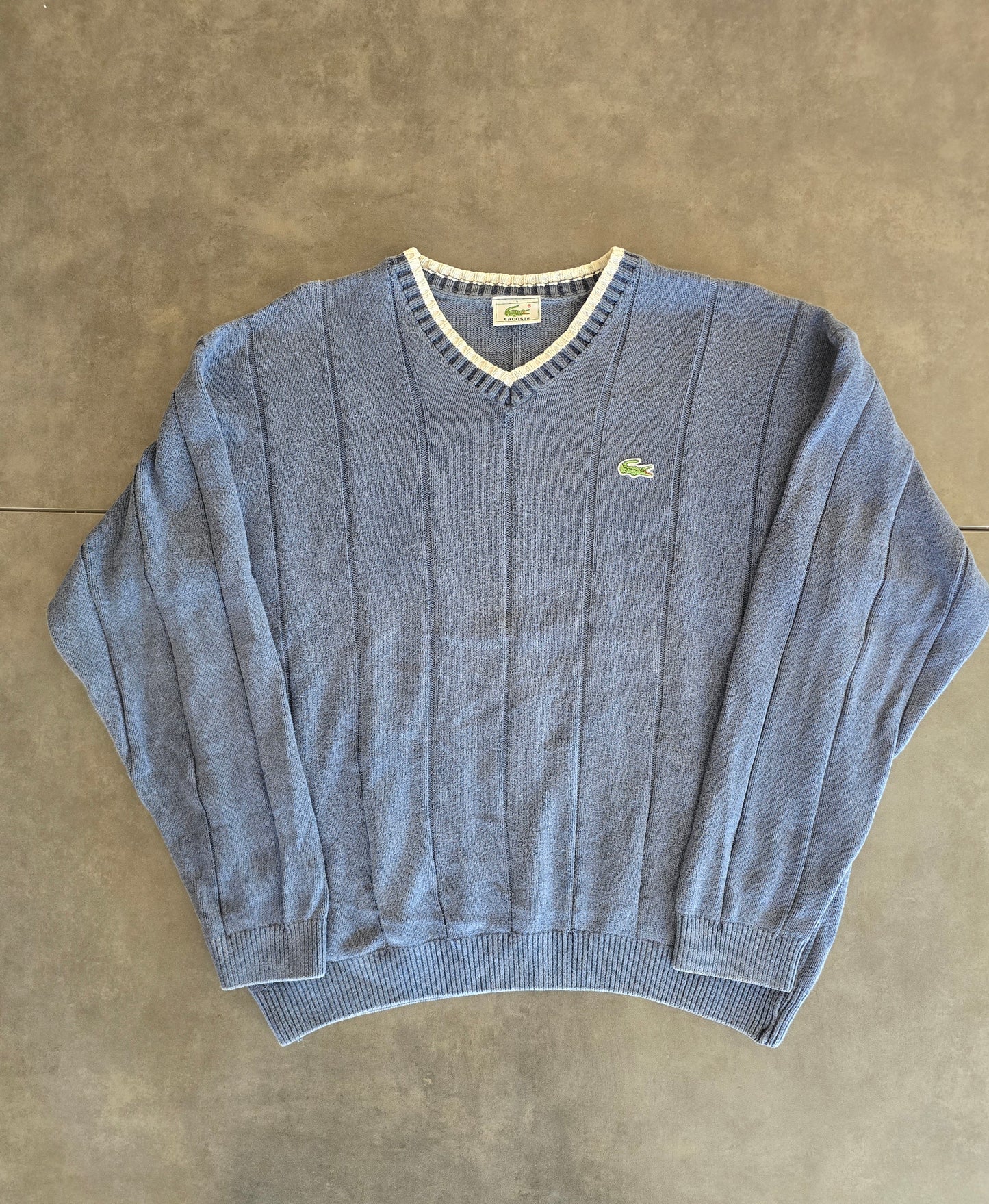 Pull col V bleu en maille des années 80' - L/40