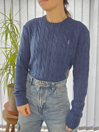 Pull en maille torsadée bleu - XS homme (ou XS oversize)